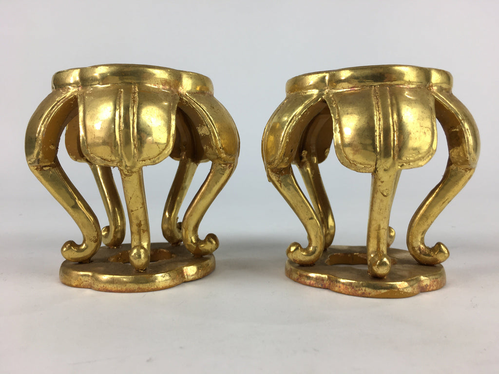 Japanese Buddhist Altar Fitting 2 pc Set Vtg Gold Offering Stand Gold Red BU708
