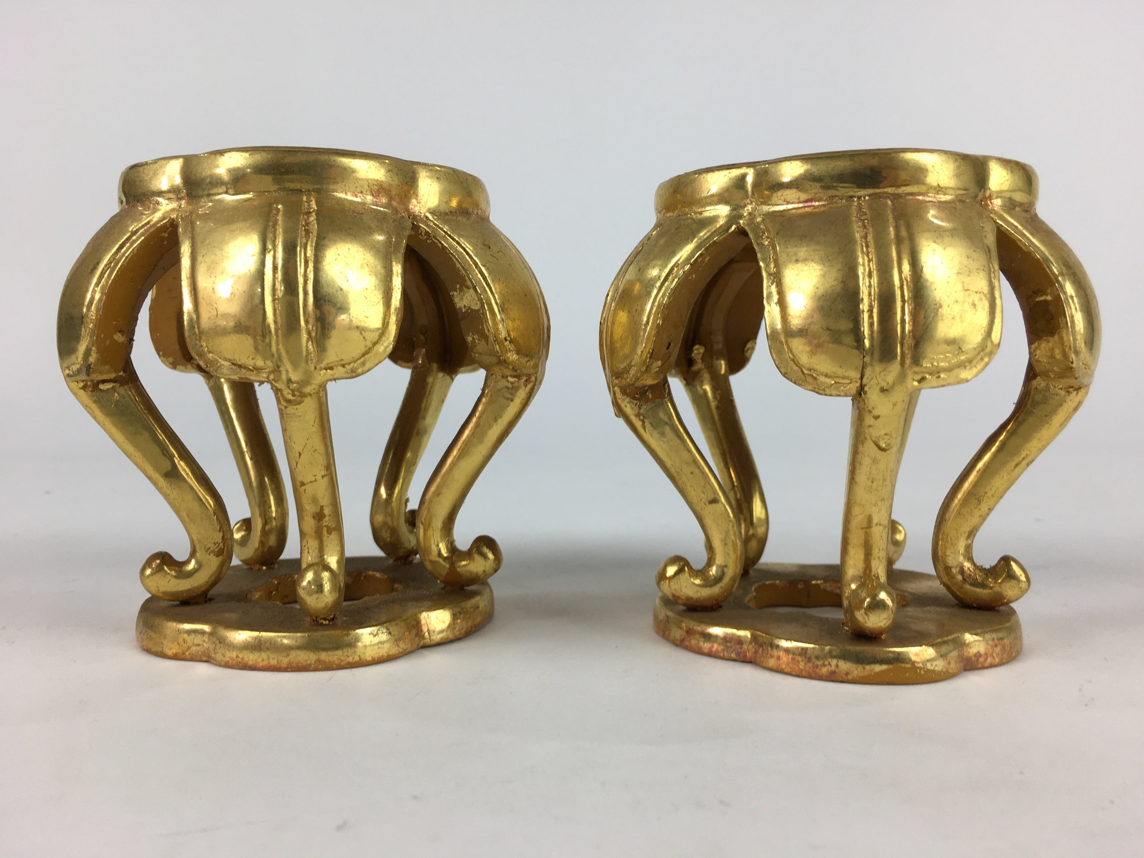 Japanese Buddhist Altar Fitting 2 pc Set Vtg Gold Offering Stand Gold Red BU708