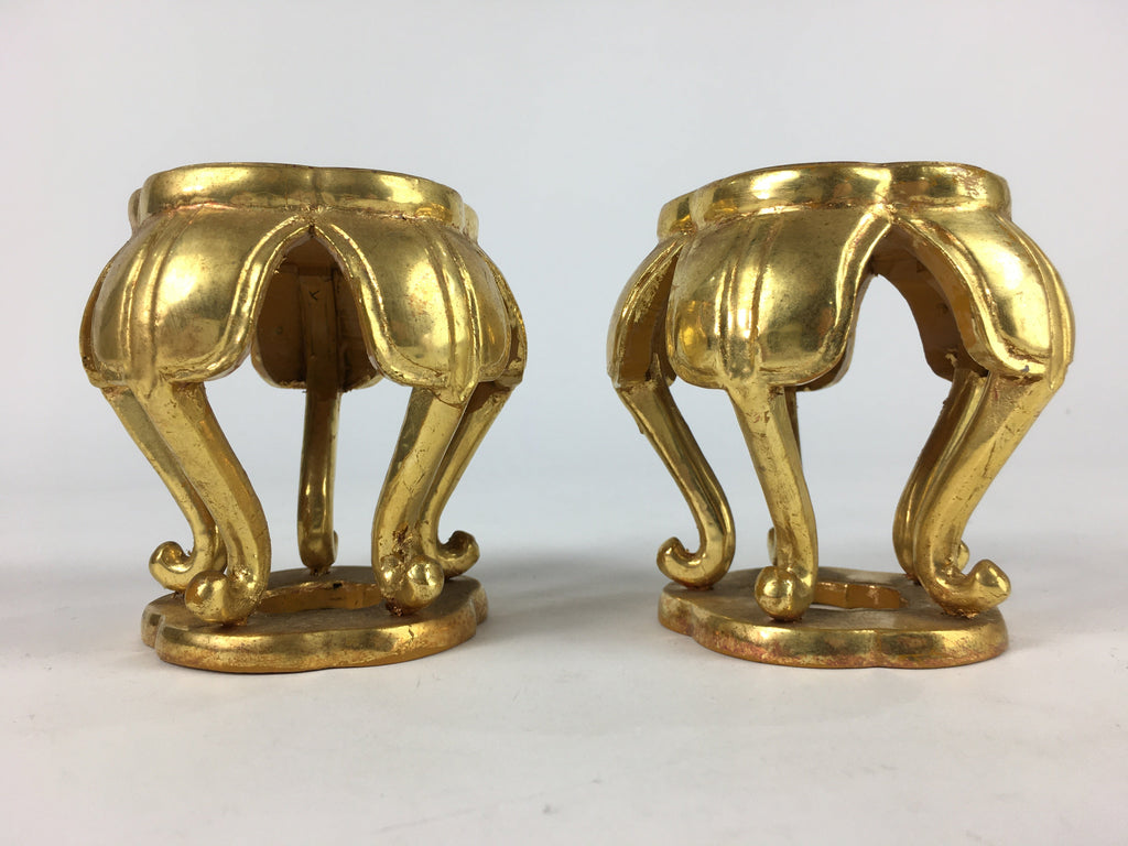 Japanese Buddhist Altar Fitting 2 pc Set Vtg Gold Offering Stand Gold Red BU708