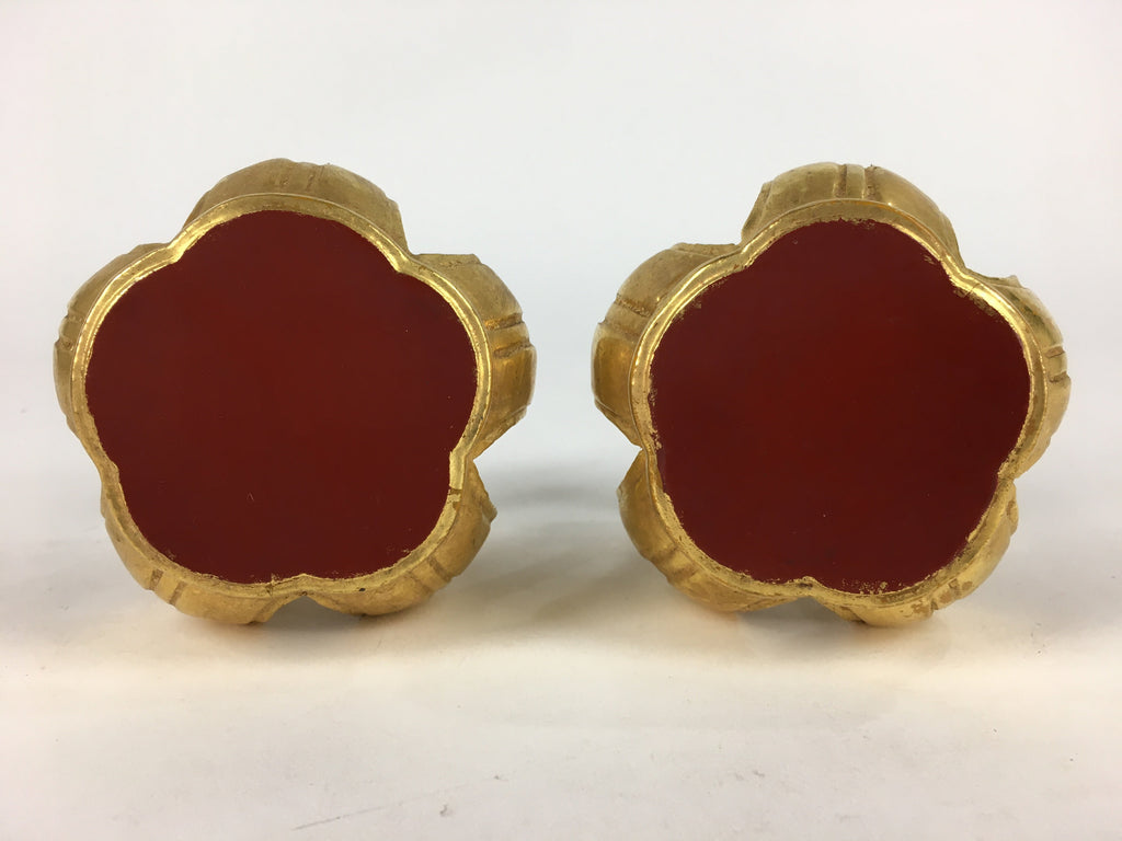 Japanese Buddhist Altar Fitting 2 pc Set Vtg Gold Offering Stand Gold Red BU708