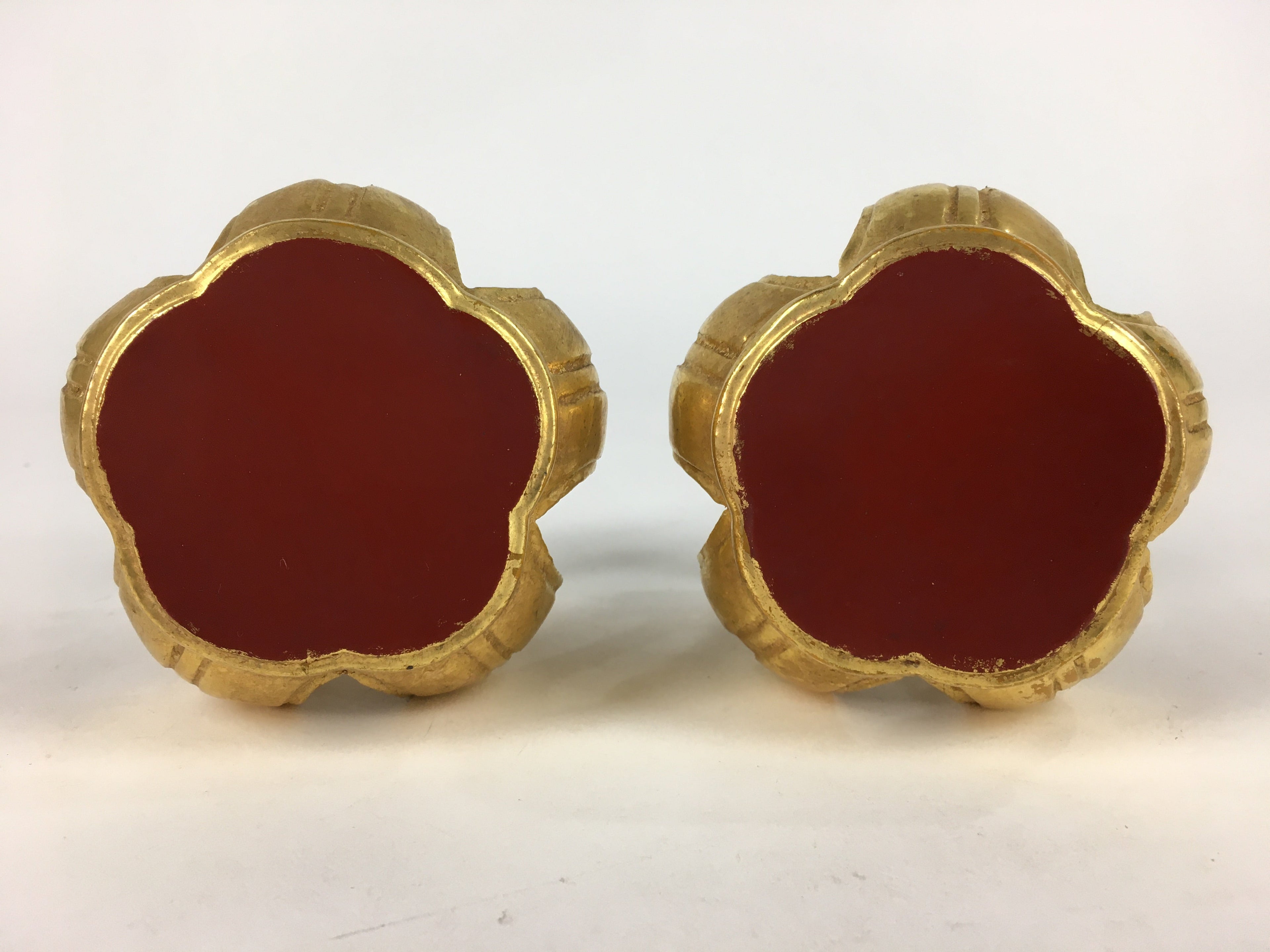 Japanese Buddhist Altar Fitting 2 pc Set Vtg Gold Offering Stand Gold Red BU708