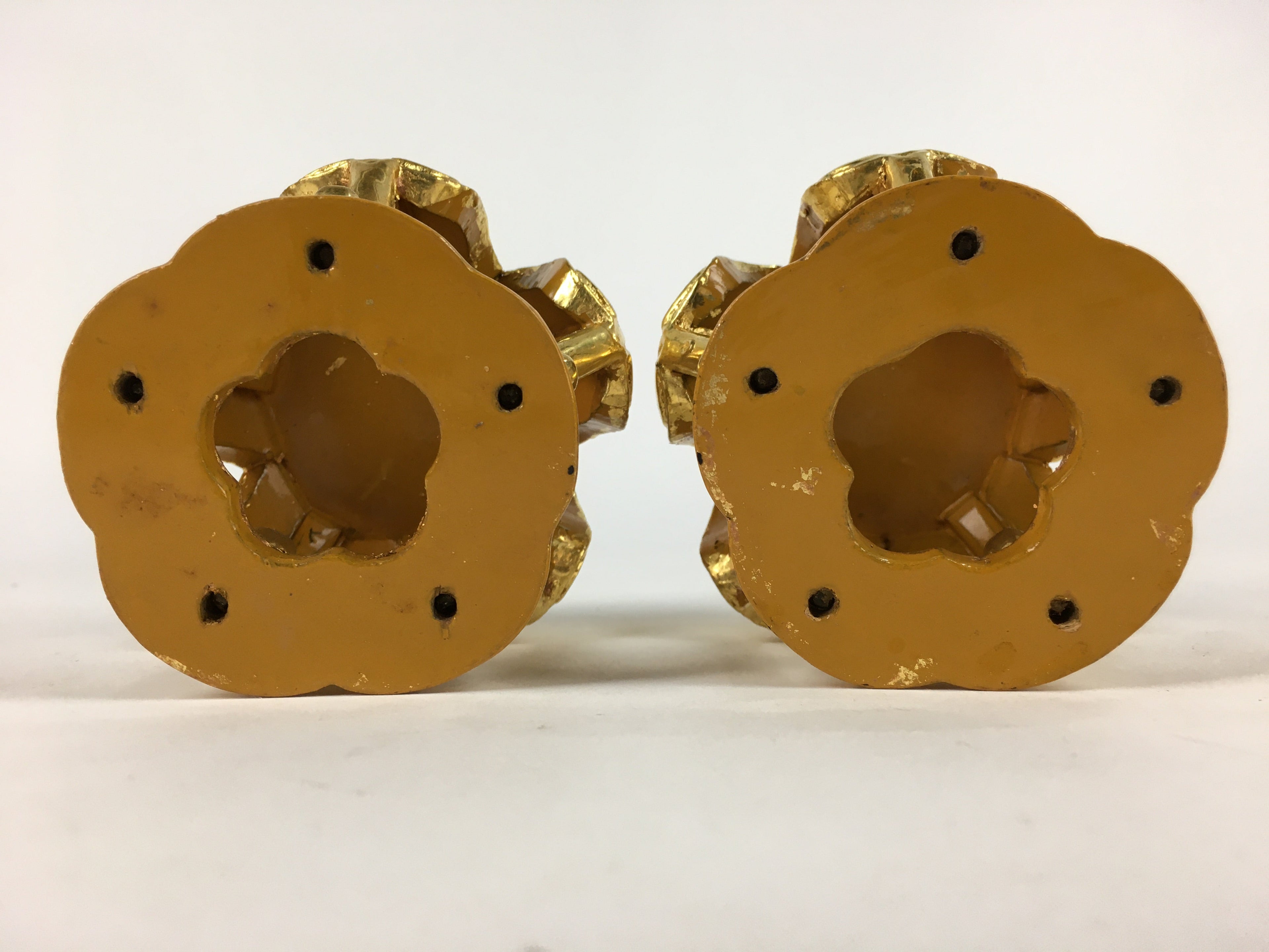 Japanese Buddhist Altar Fitting 2 pc Set Vtg Gold Offering Stand Gold Red BU708