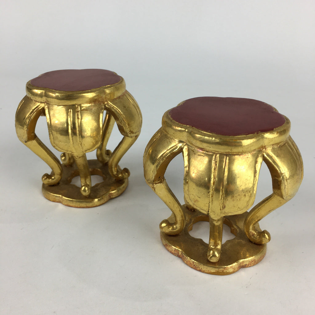 Japanese Buddhist Altar Fitting 2 pc Set Vtg Gold Offering Stand Gold Red BU708