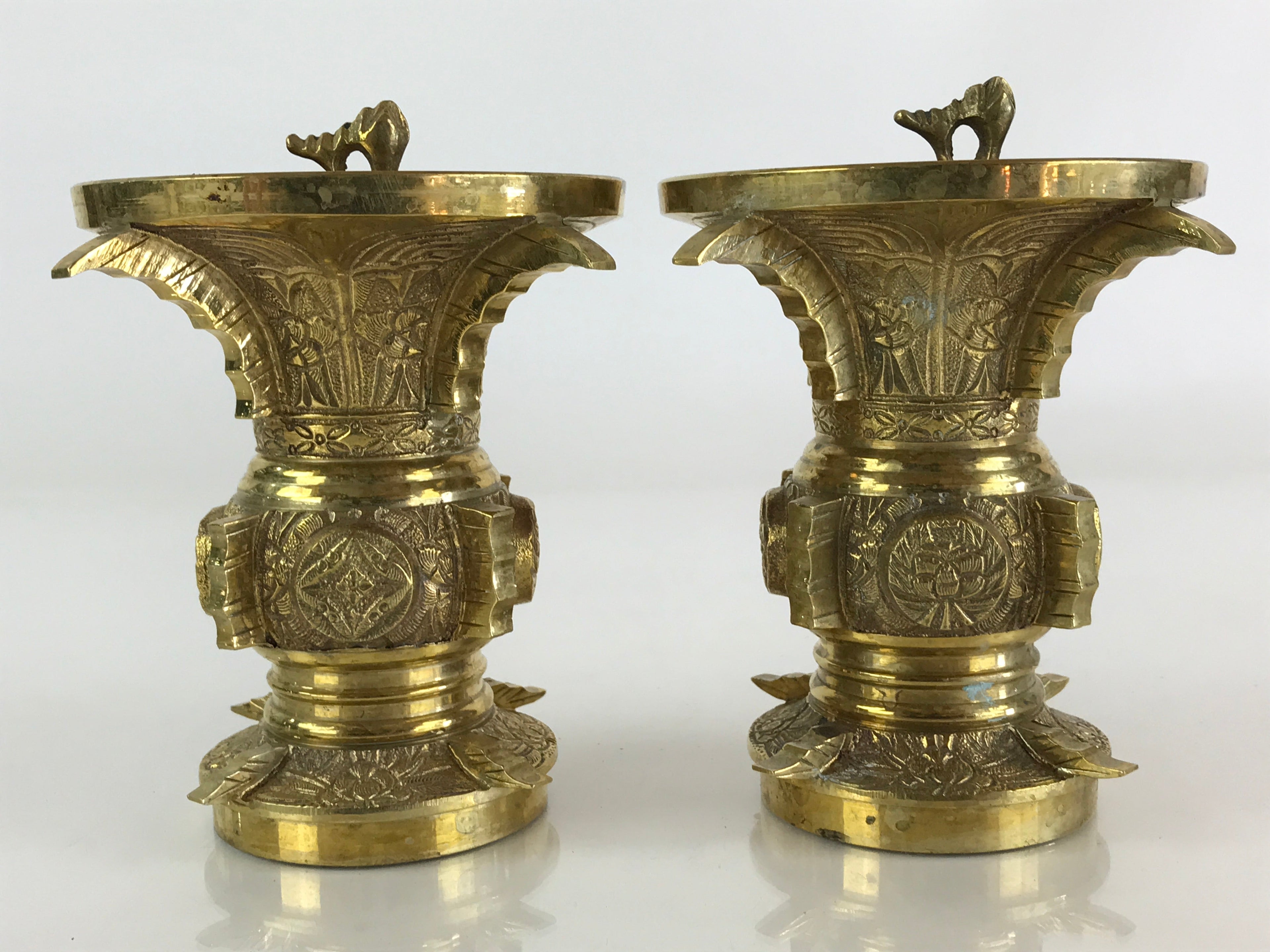 Japanese Buddhist Altar Fitting 2pc Flower Vase Stand Brass Gold Hanatate BU828