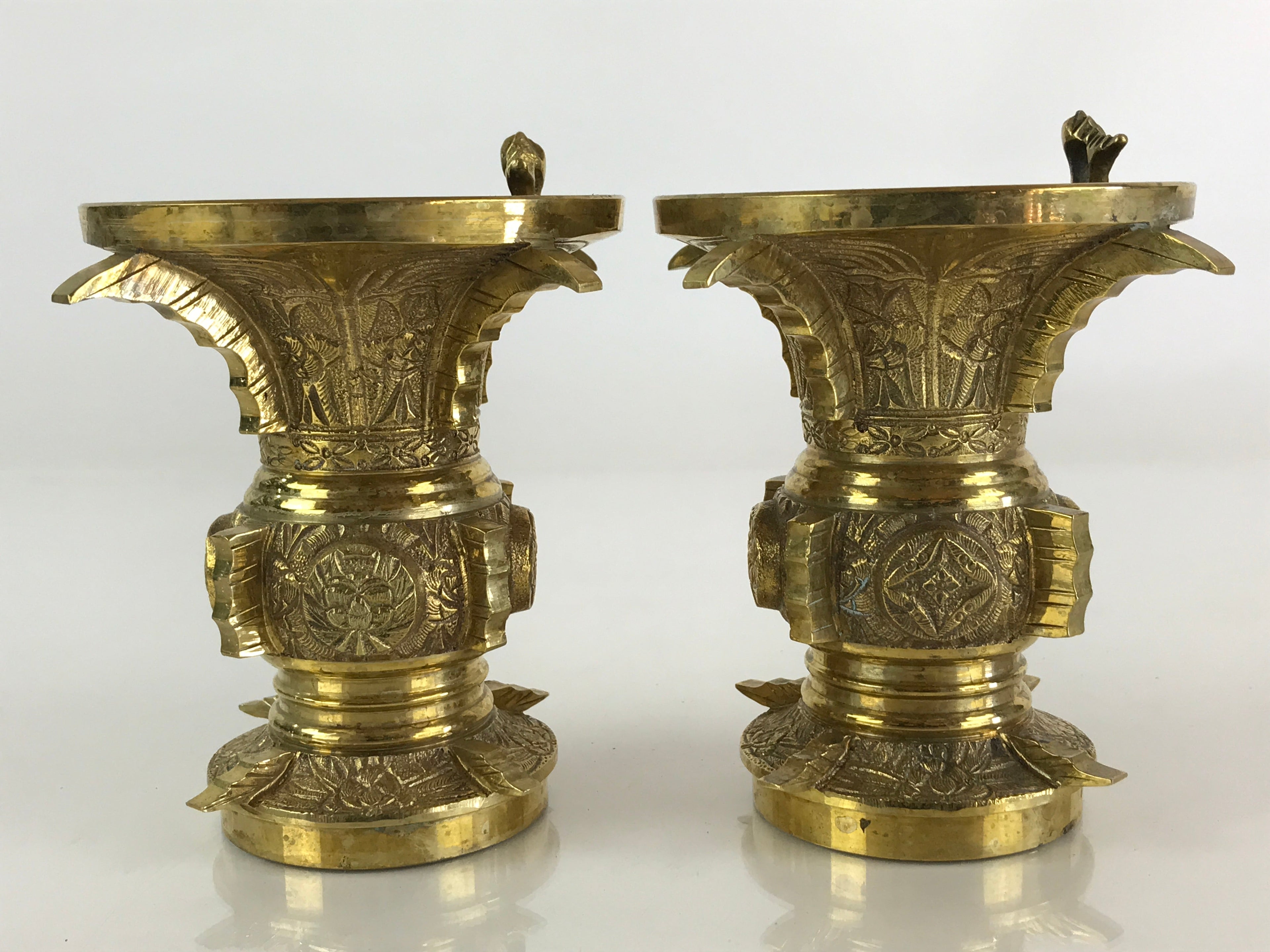 Japanese Buddhist Altar Fitting 2pc Flower Vase Stand Brass Gold Hanatate BU828