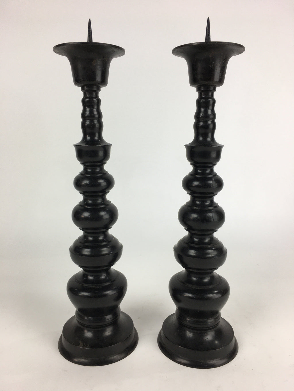 Japanese Buddhist Altar Fitting Bronze Candle Stand 2pc Set Vtg Shokudai BU678