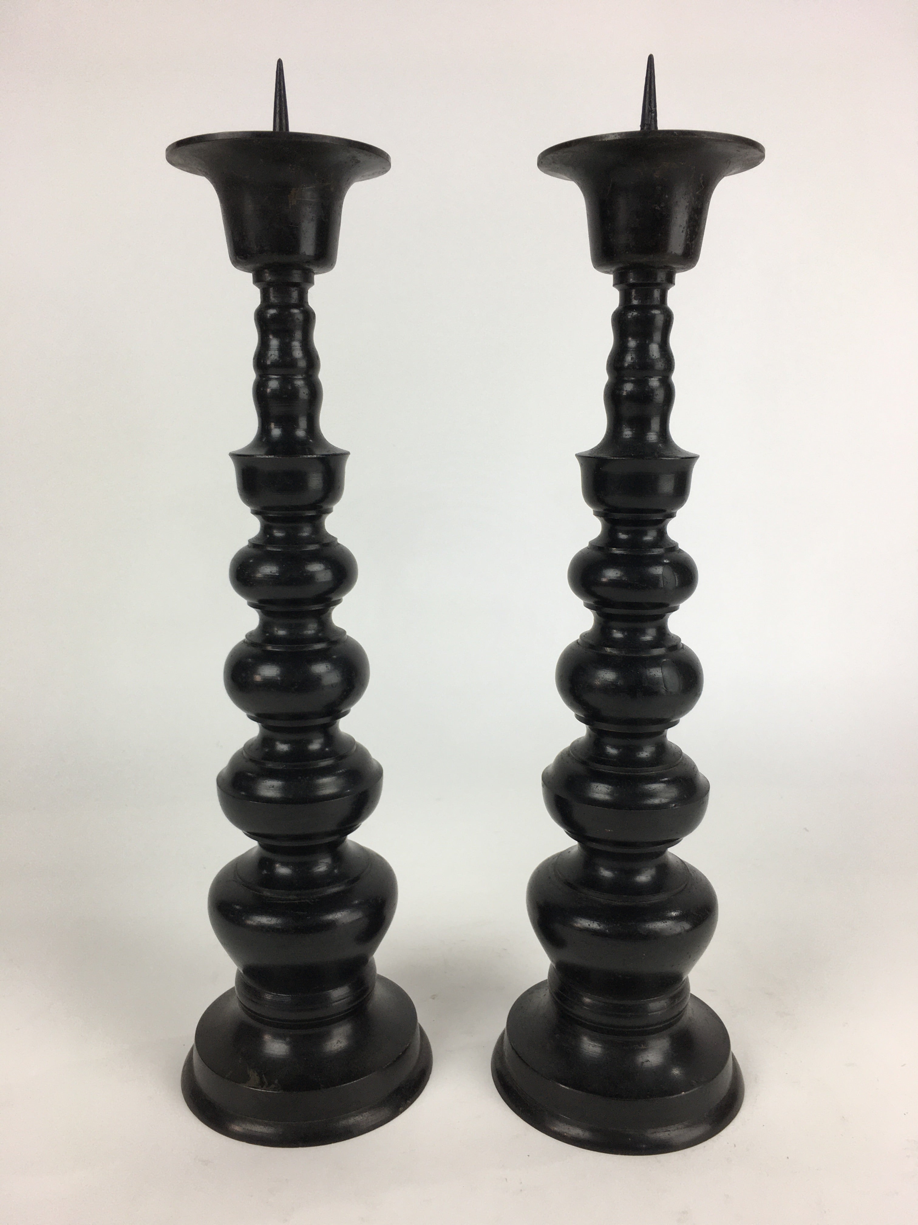 Japanese Buddhist Altar Fitting Bronze Candle Stand 2pc Set Vtg Shokudai BU678