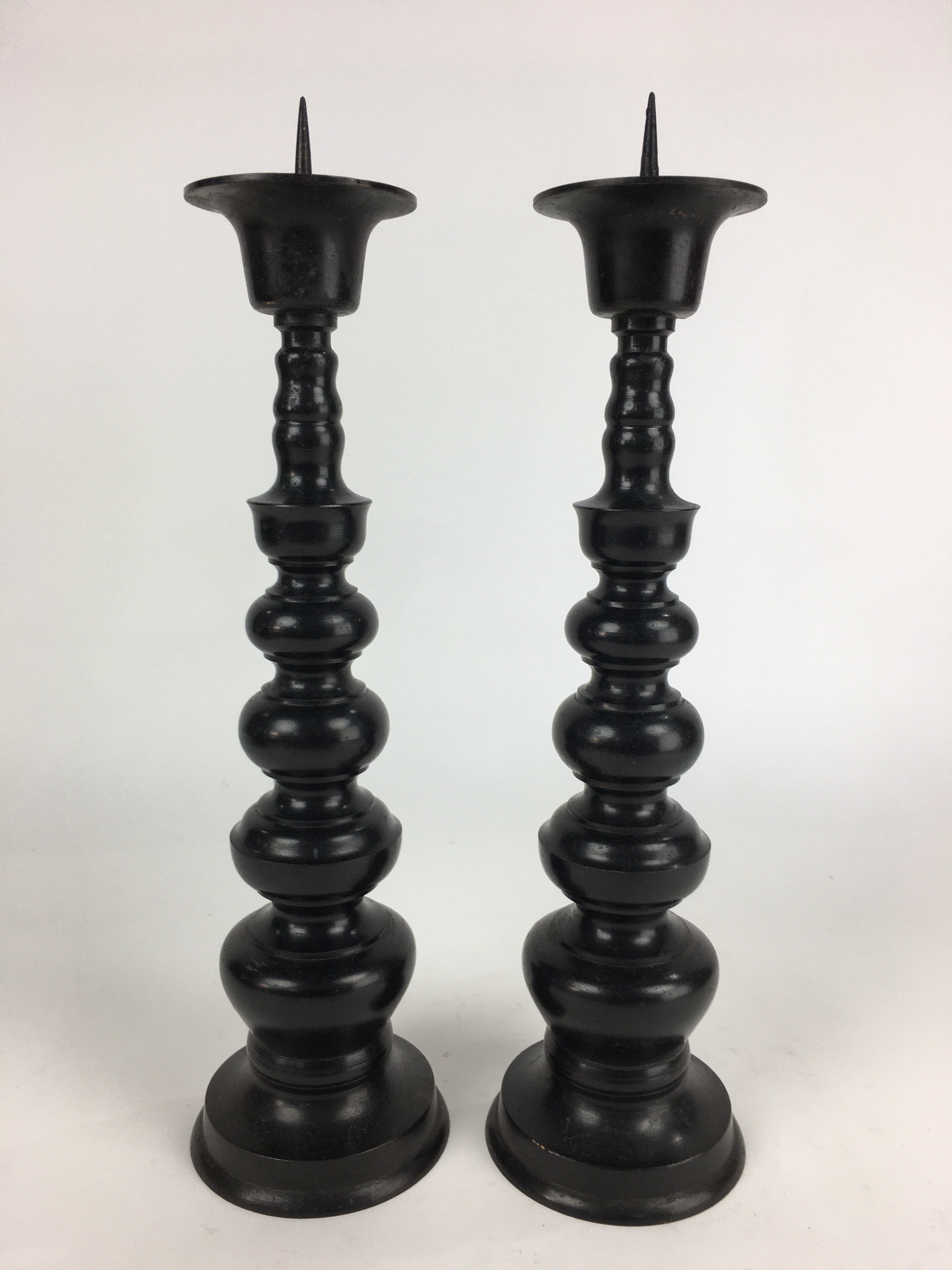 Japanese Buddhist Altar Fitting Bronze Candle Stand 2pc Set Vtg Shokudai BU678
