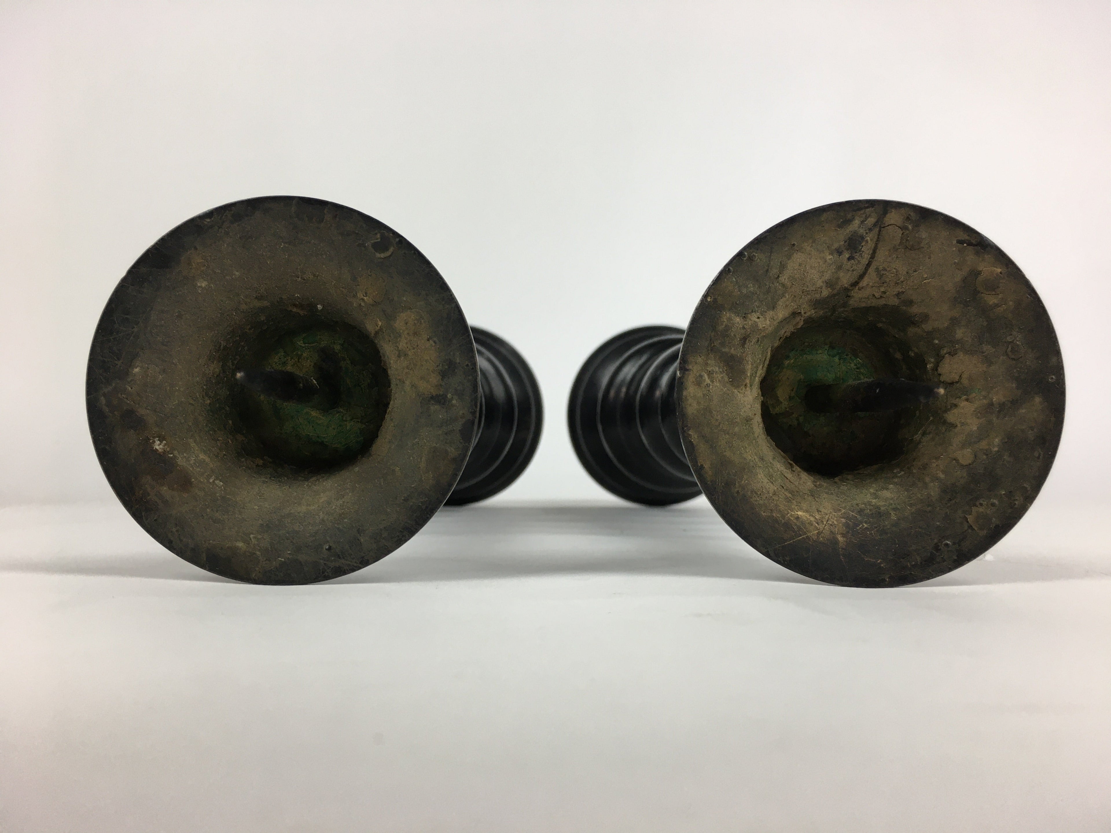 Japanese Buddhist Altar Fitting Bronze Candle Stand 2pc Set Vtg Shokudai BU678