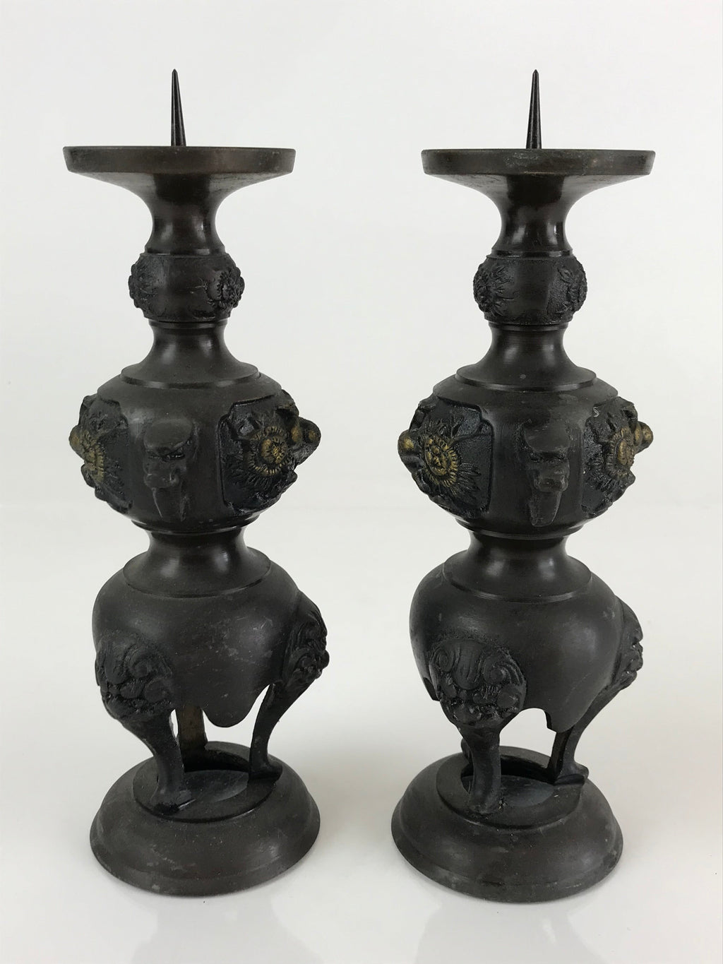 Japanese Buddhist Altar Fitting Bronze Candle Stand 2pc Set Vtg Shokudai BU744