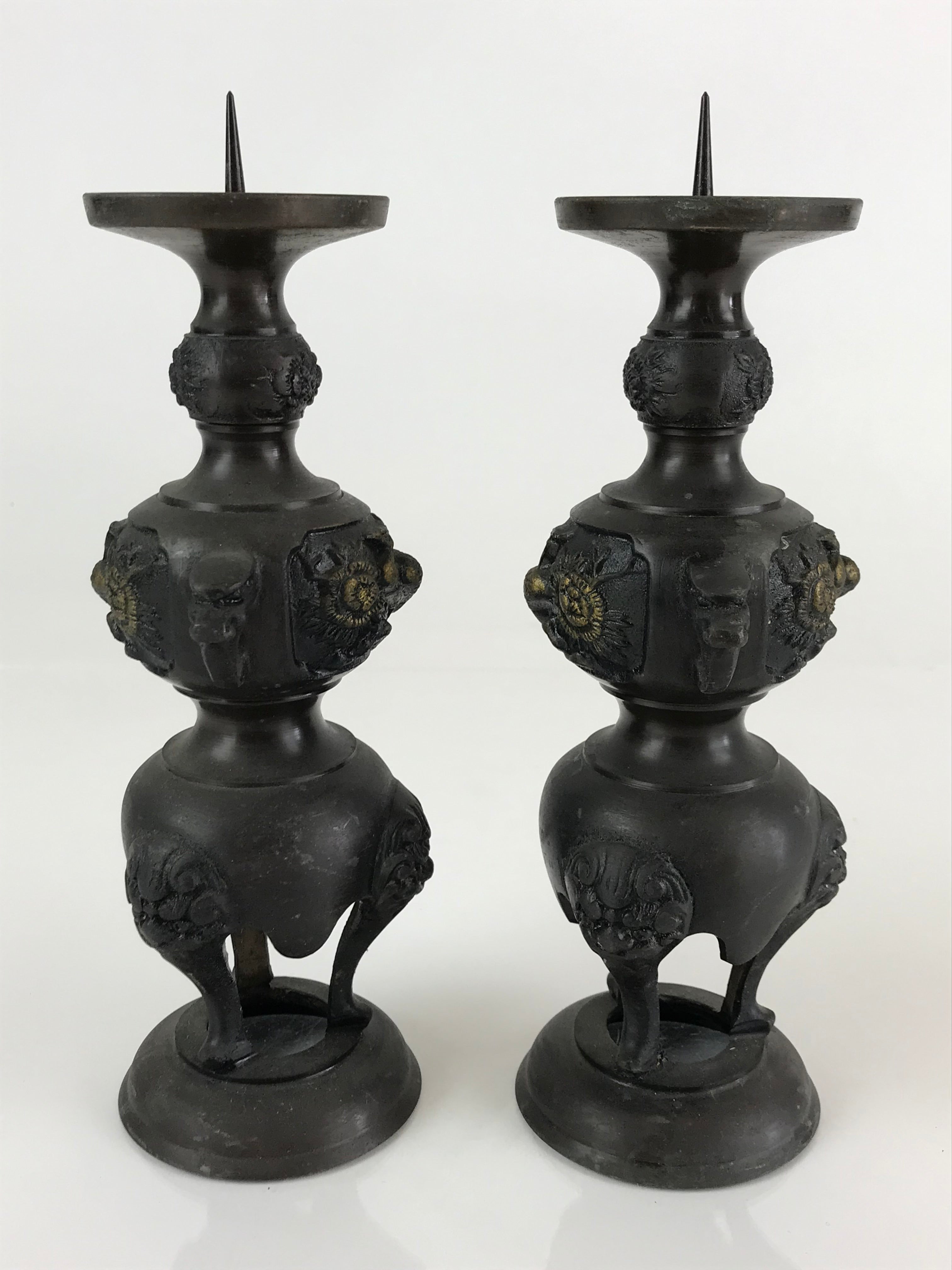 Japanese Buddhist Altar Fitting Bronze Candle Stand 2pc Set Vtg Shokudai BU744