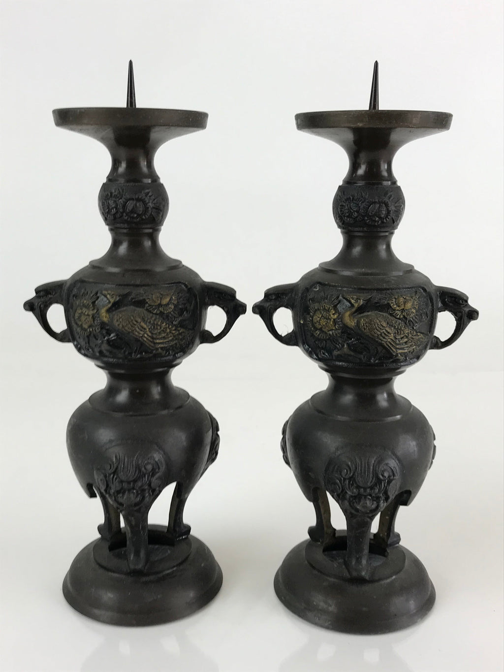 Japanese Buddhist Altar Fitting Bronze Candle Stand 2pc Set Vtg Shokudai BU744