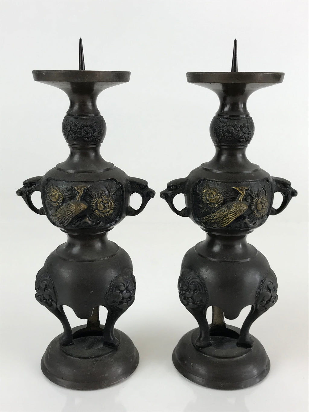 Japanese Buddhist Altar Fitting Bronze Candle Stand 2pc Set Vtg Shokudai BU744
