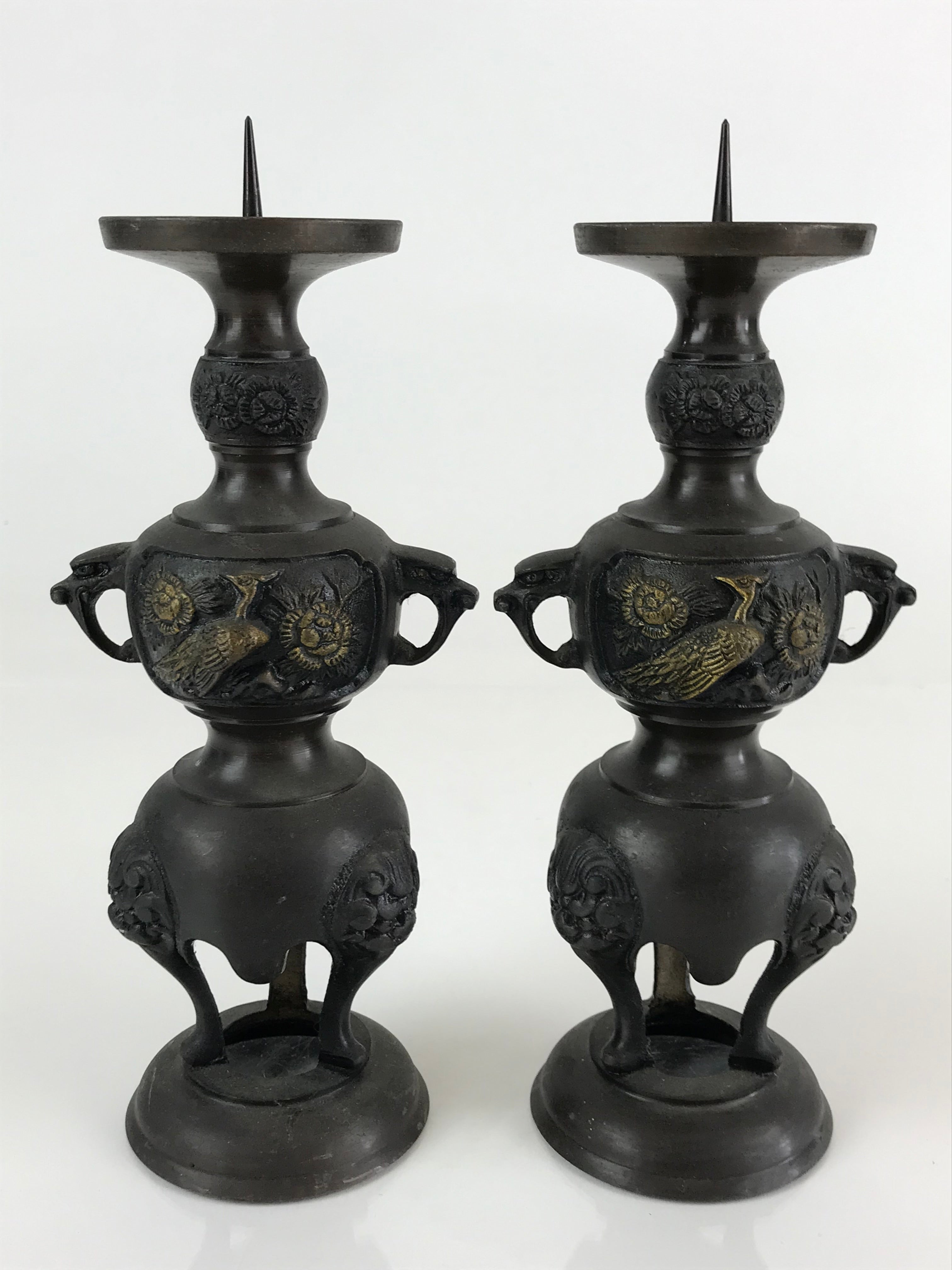 Japanese Buddhist Altar Fitting Bronze Candle Stand 2pc Set Vtg Shokudai BU744