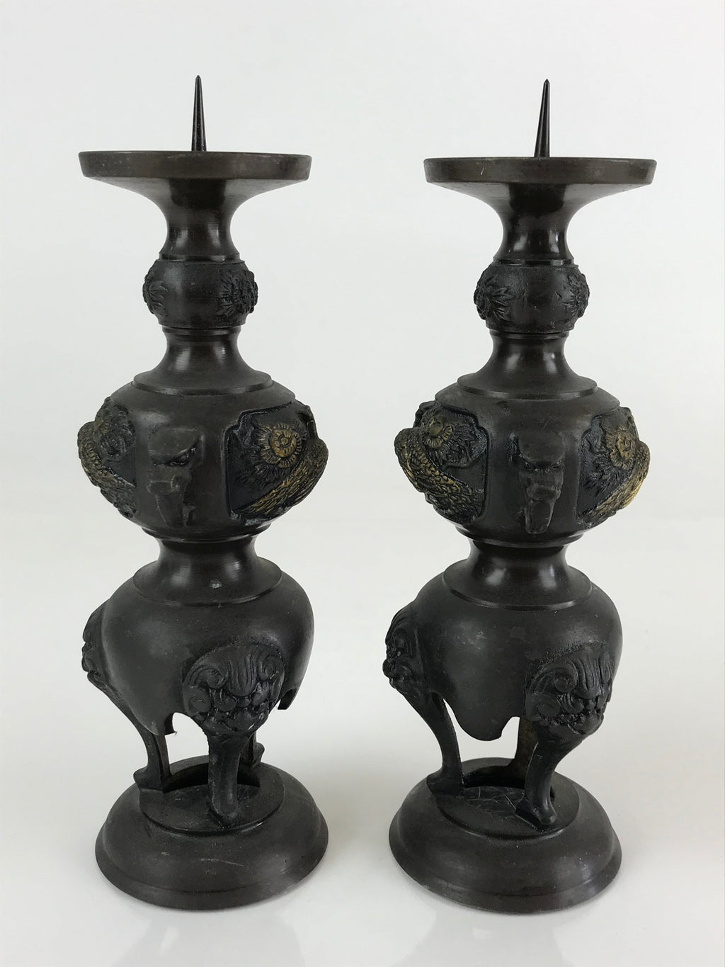 Japanese Buddhist Altar Fitting Bronze Candle Stand 2pc Set Vtg Shokudai BU744