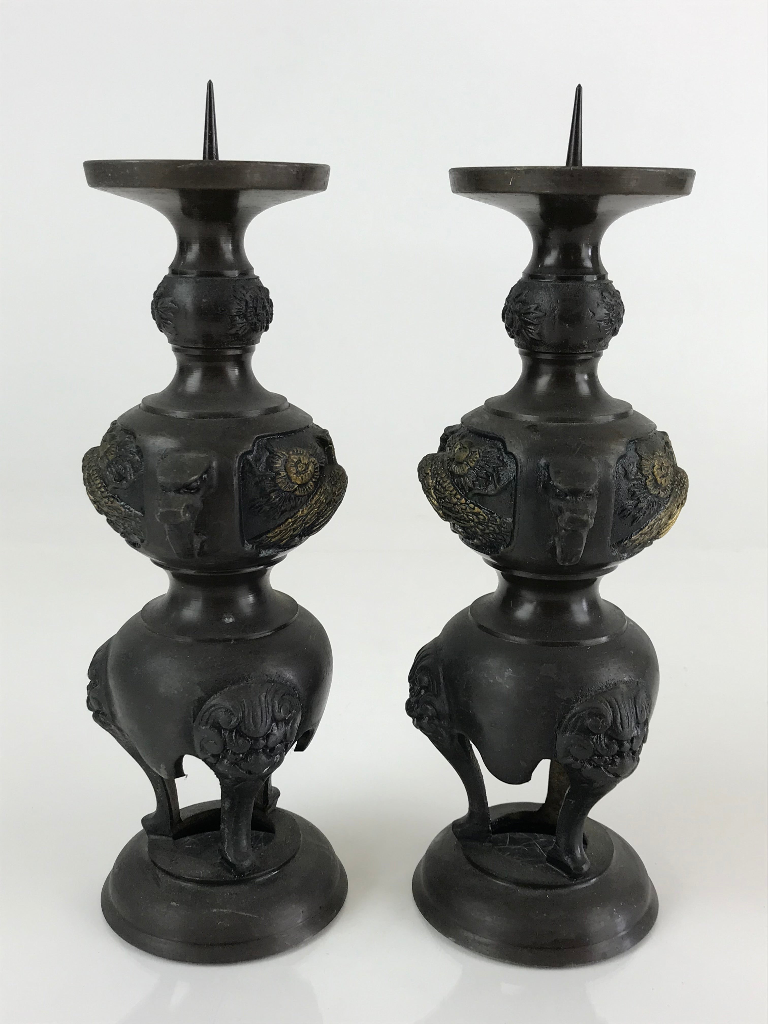 Japanese Buddhist Altar Fitting Bronze Candle Stand 2pc Set Vtg Shokudai BU744