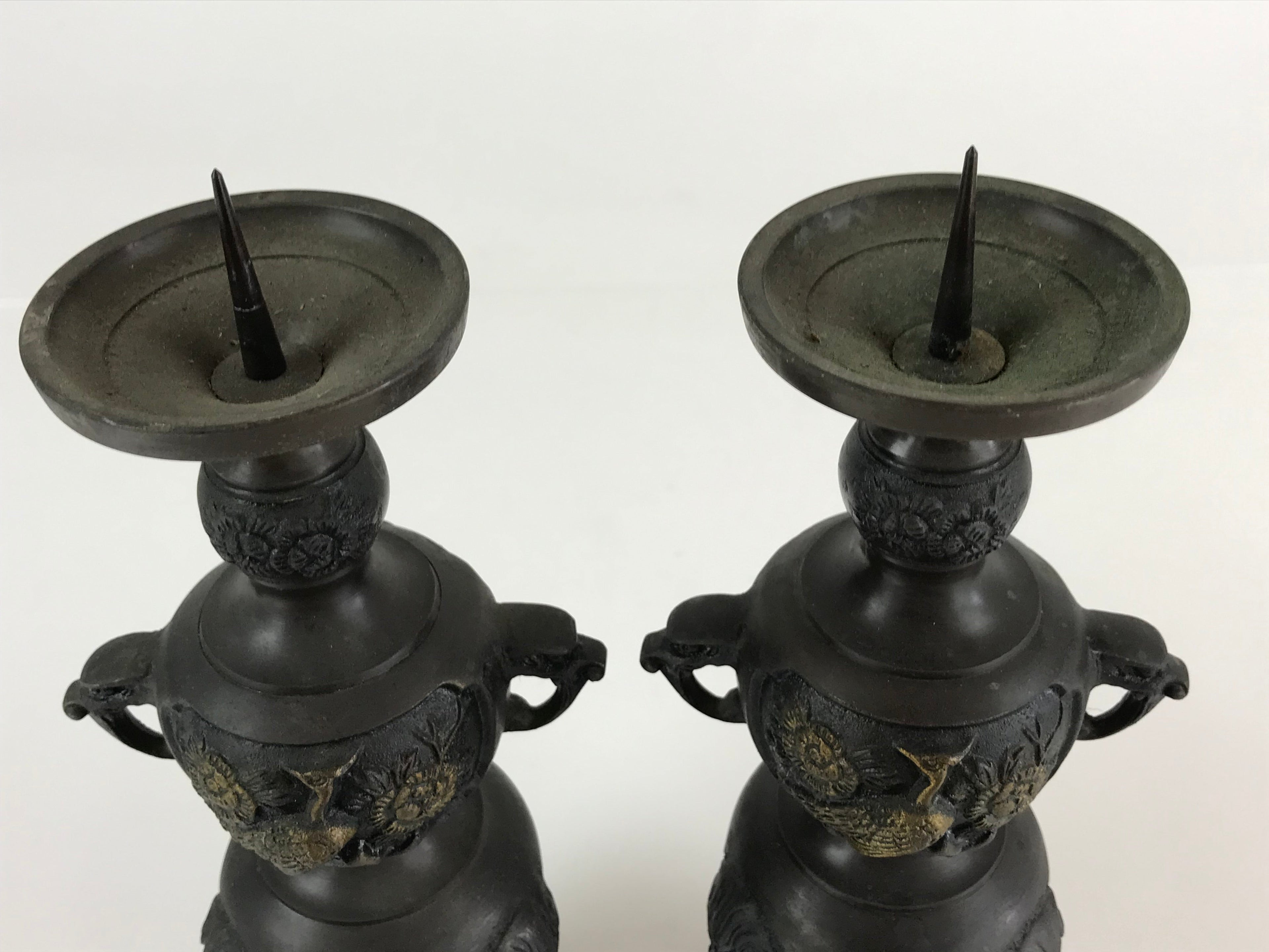Japanese Buddhist Altar Fitting Bronze Candle Stand 2pc Set Vtg Shokudai BU744
