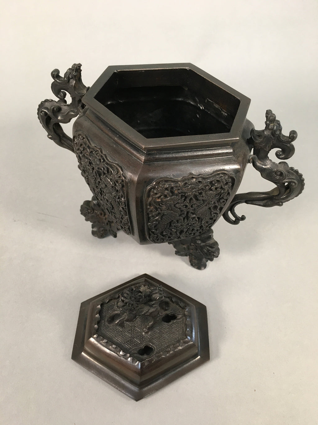 Japanese Buddhist Altar Fitting Bronze Incense Burner Vtg Shishi Dragon Koro BU3