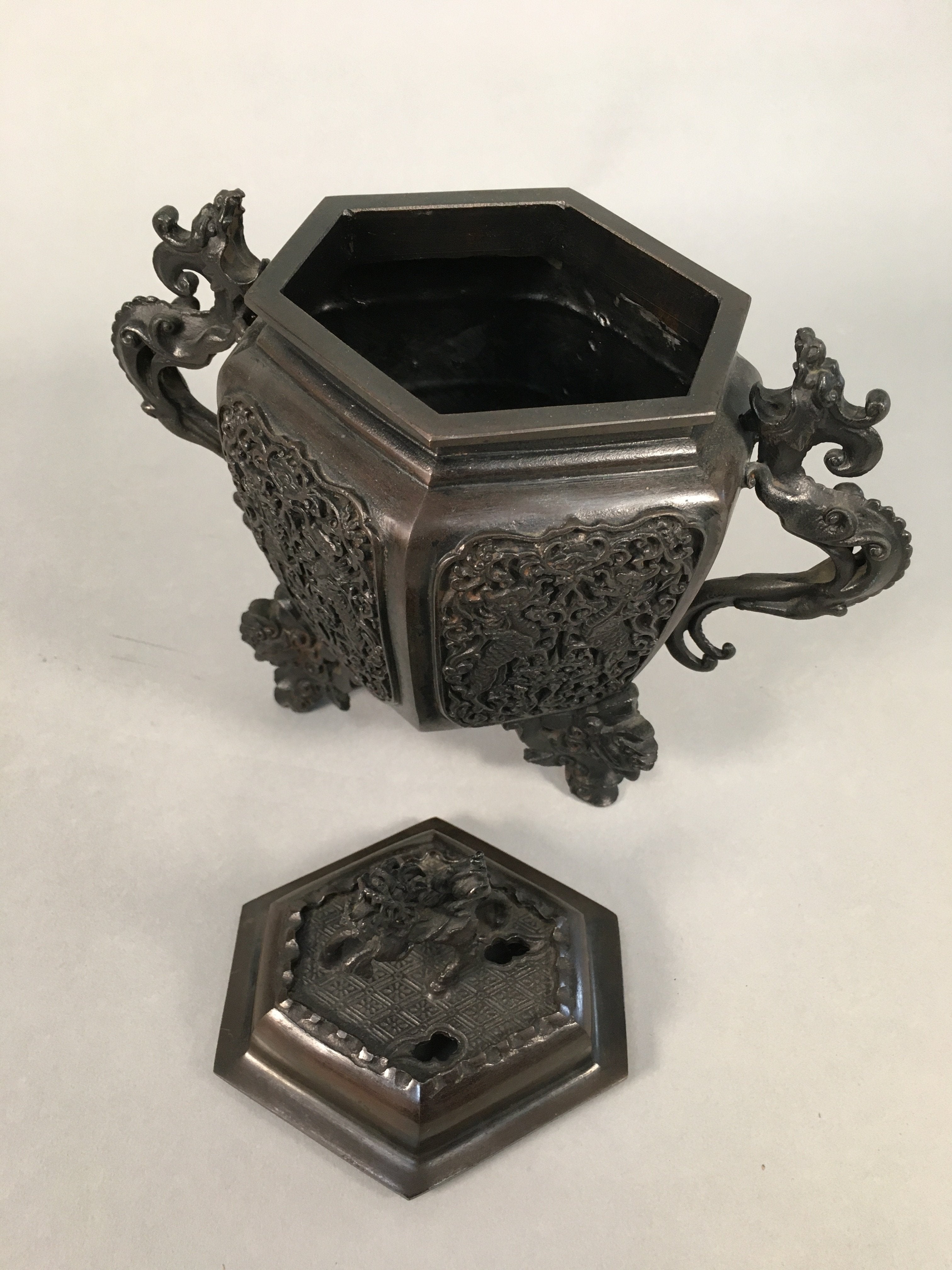 Japanese Buddhist Altar Fitting Bronze Incense Burner Vtg Shishi Dragon Koro BU3