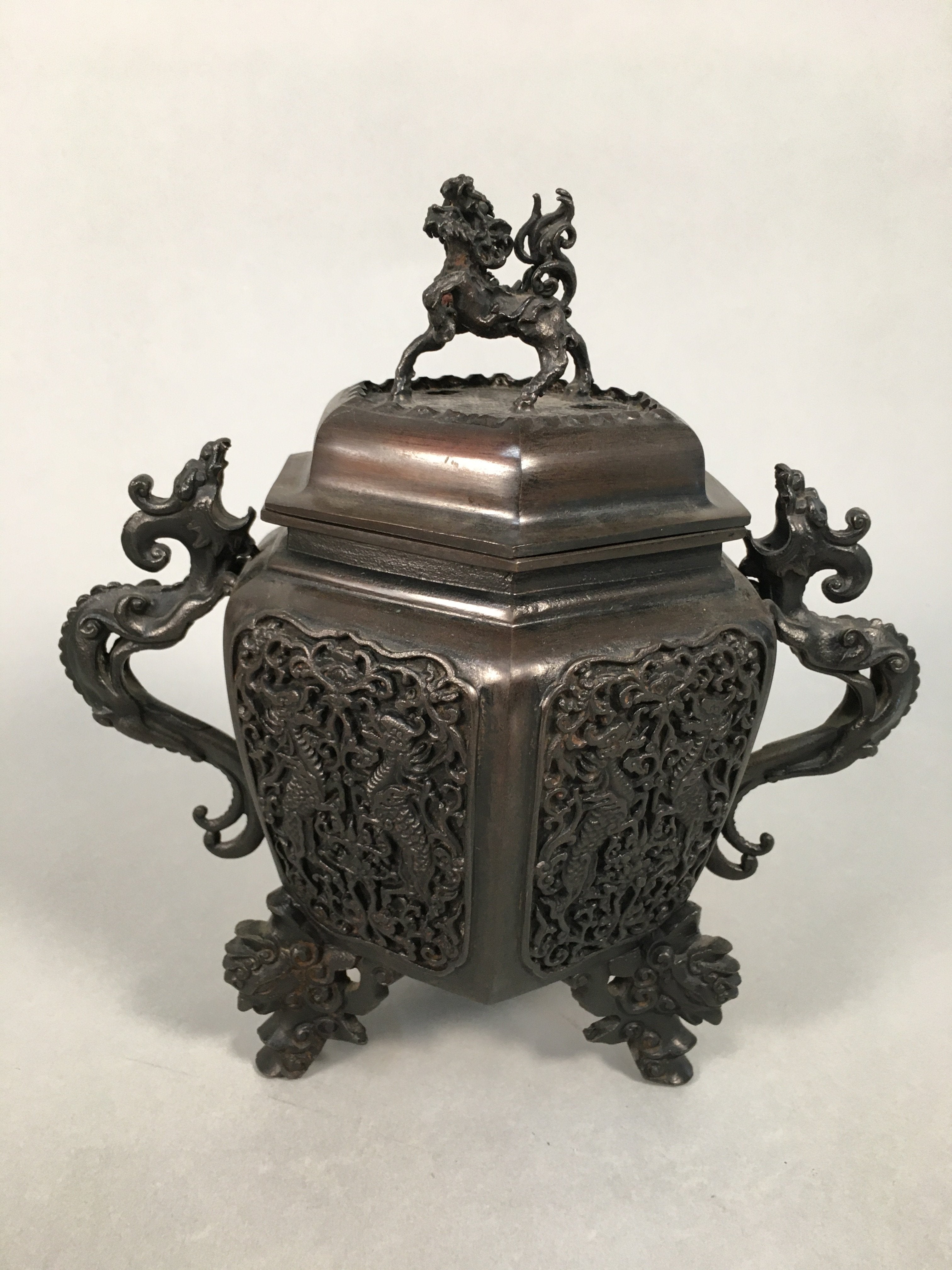 Japanese Buddhist Altar Fitting Bronze Incense Burner Vtg Shishi Dragon Koro BU3