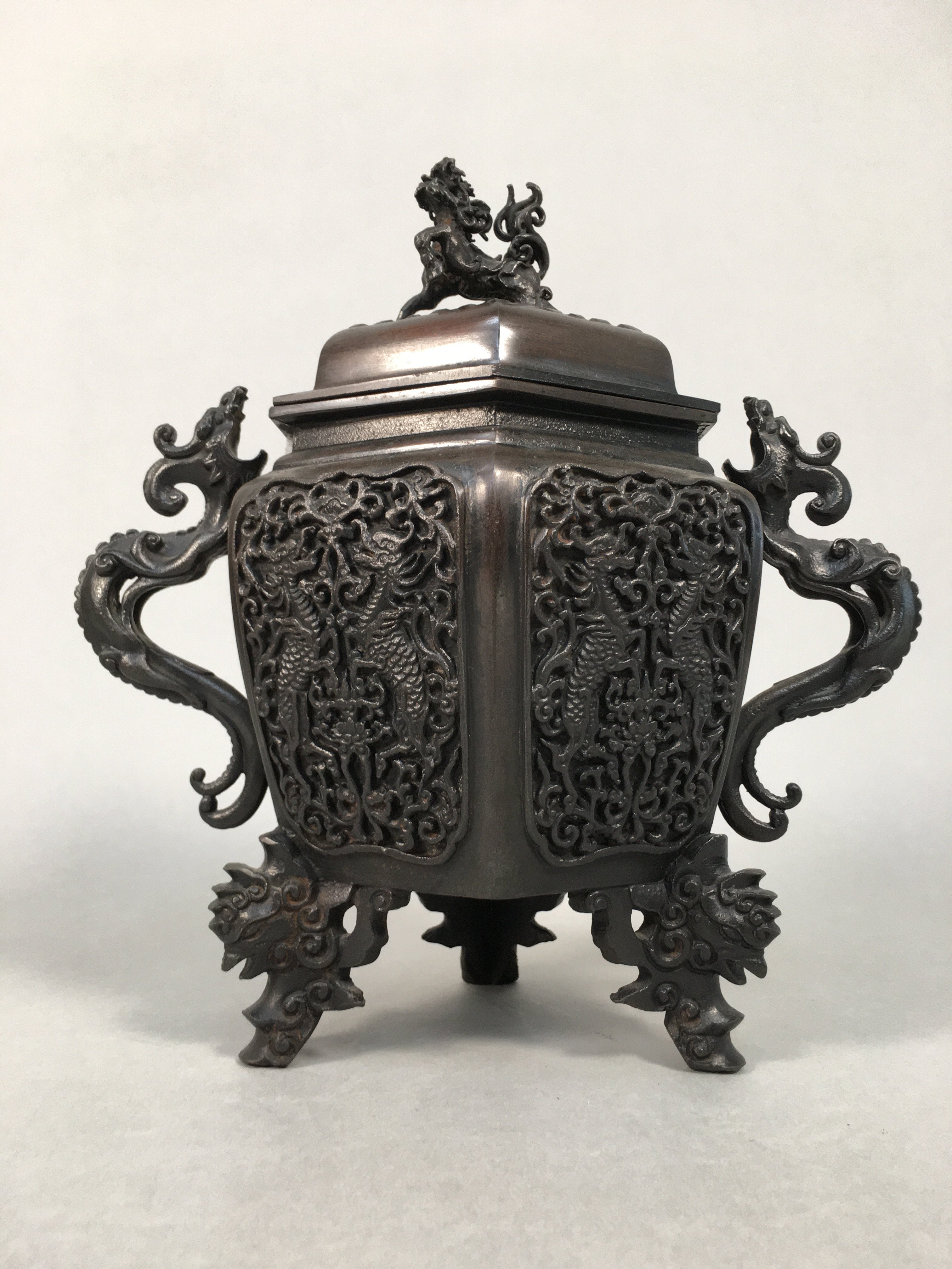 Japanese Buddhist Altar Fitting Bronze Incense Burner Vtg Shishi Dragon Koro BU3