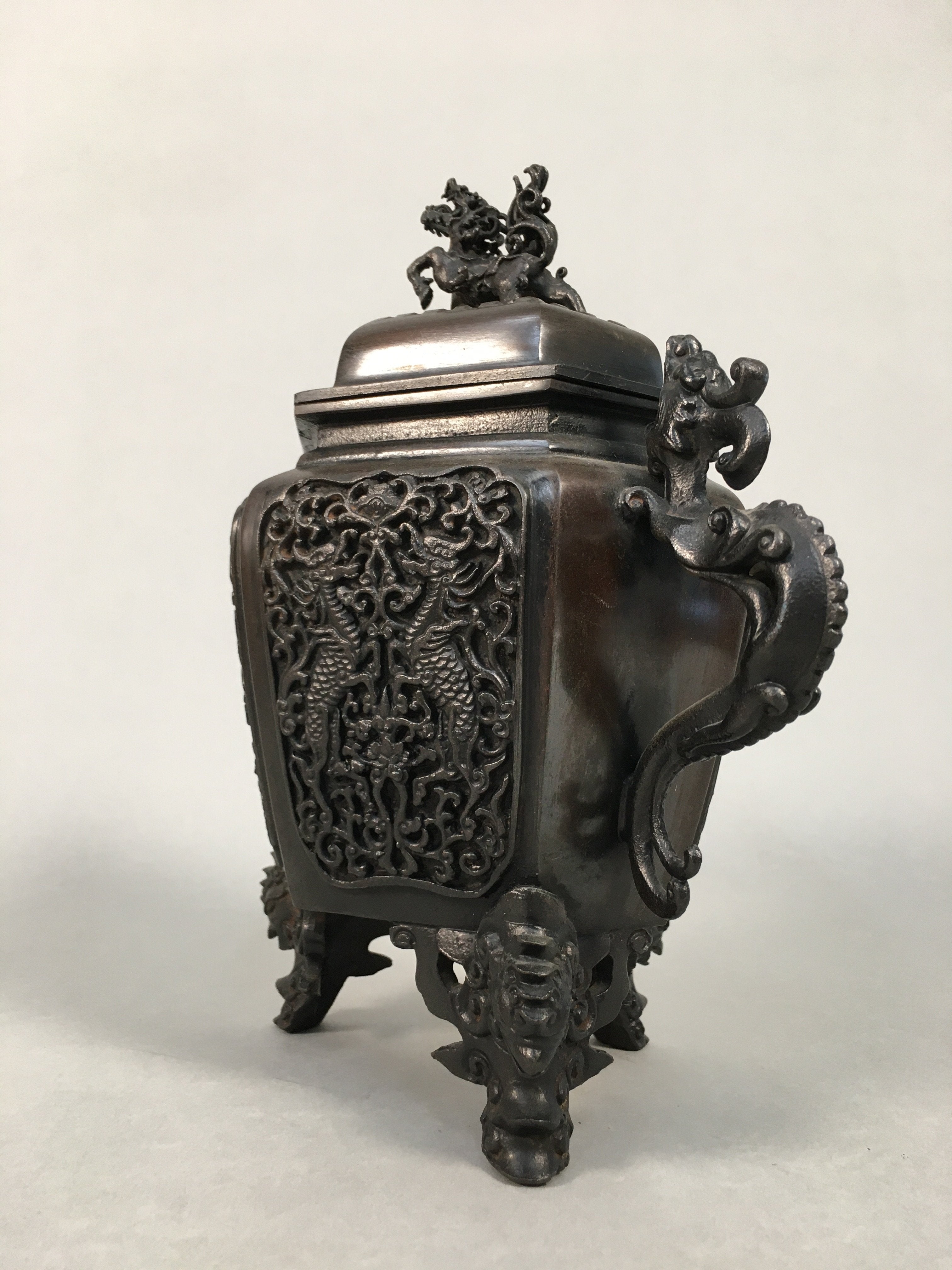 Japanese Buddhist Altar Fitting Bronze Incense Burner Vtg Shishi Dragon Koro BU3