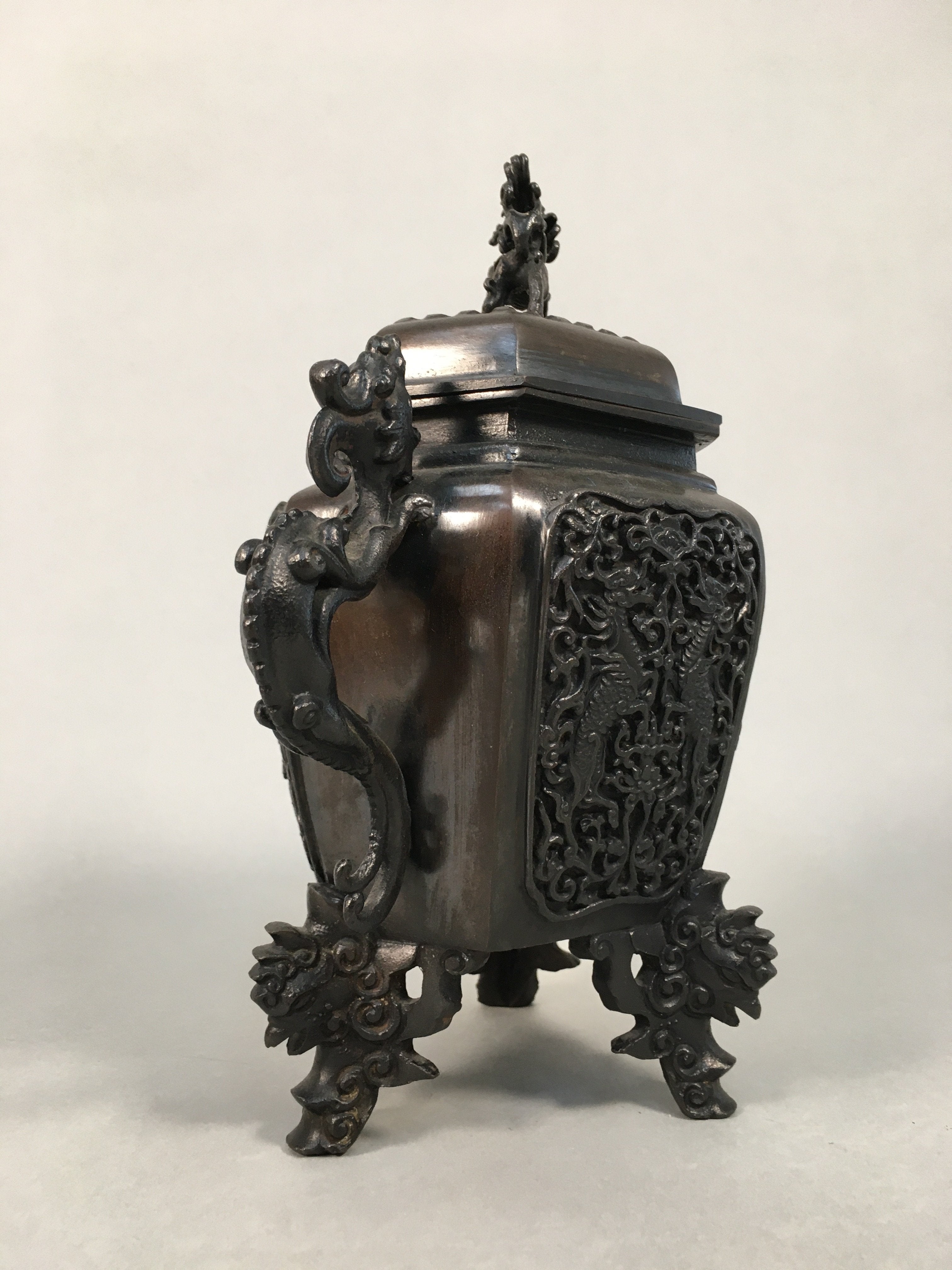 Japanese Buddhist Altar Fitting Bronze Incense Burner Vtg Shishi Dragon Koro BU3