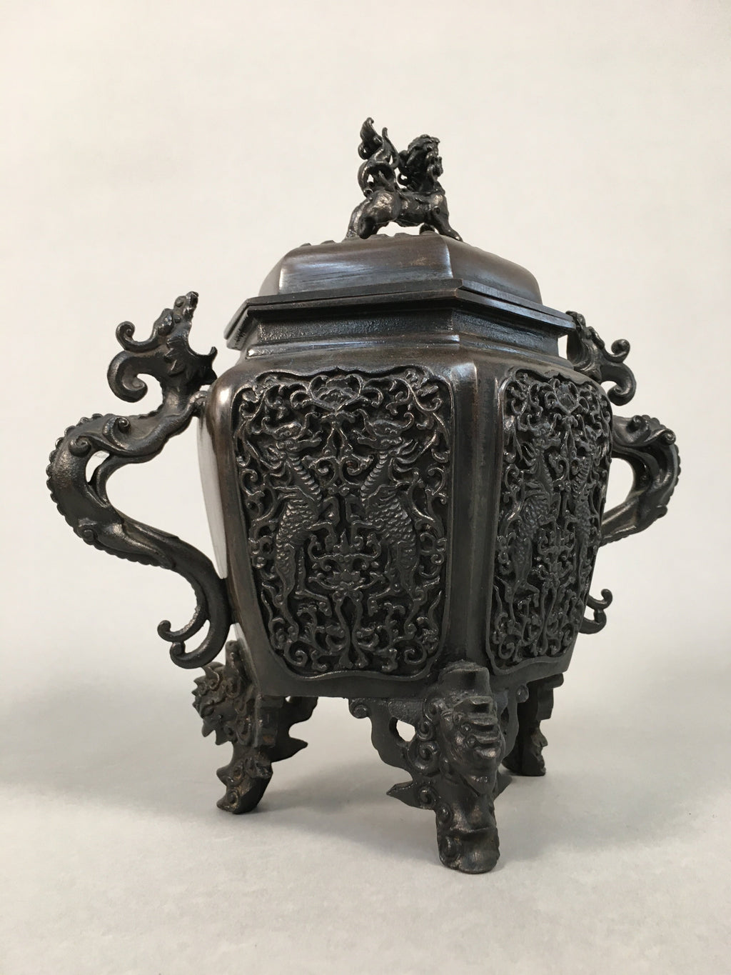 Japanese Buddhist Altar Fitting Bronze Incense Burner Vtg Shishi Dragon Koro BU3