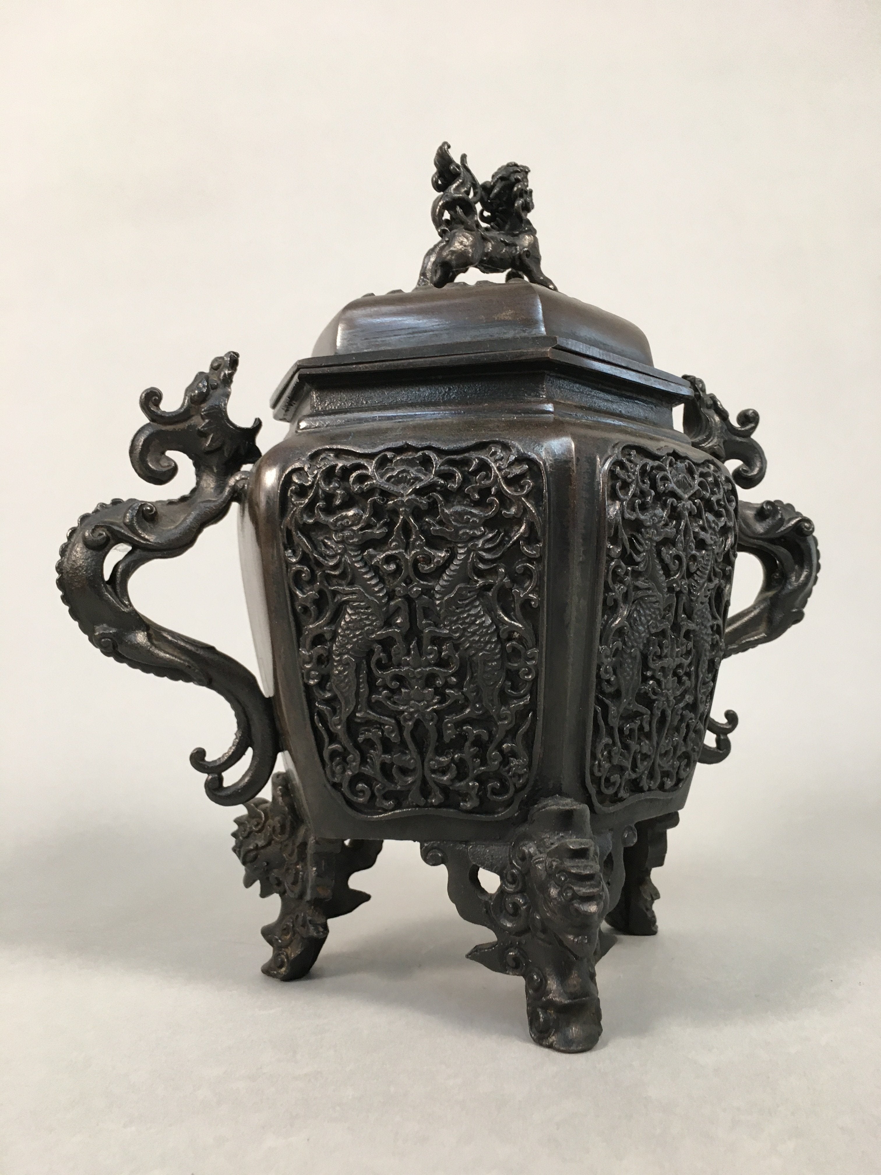 Japanese Buddhist Altar Fitting Bronze Incense Burner Vtg Shishi Dragon Koro BU3
