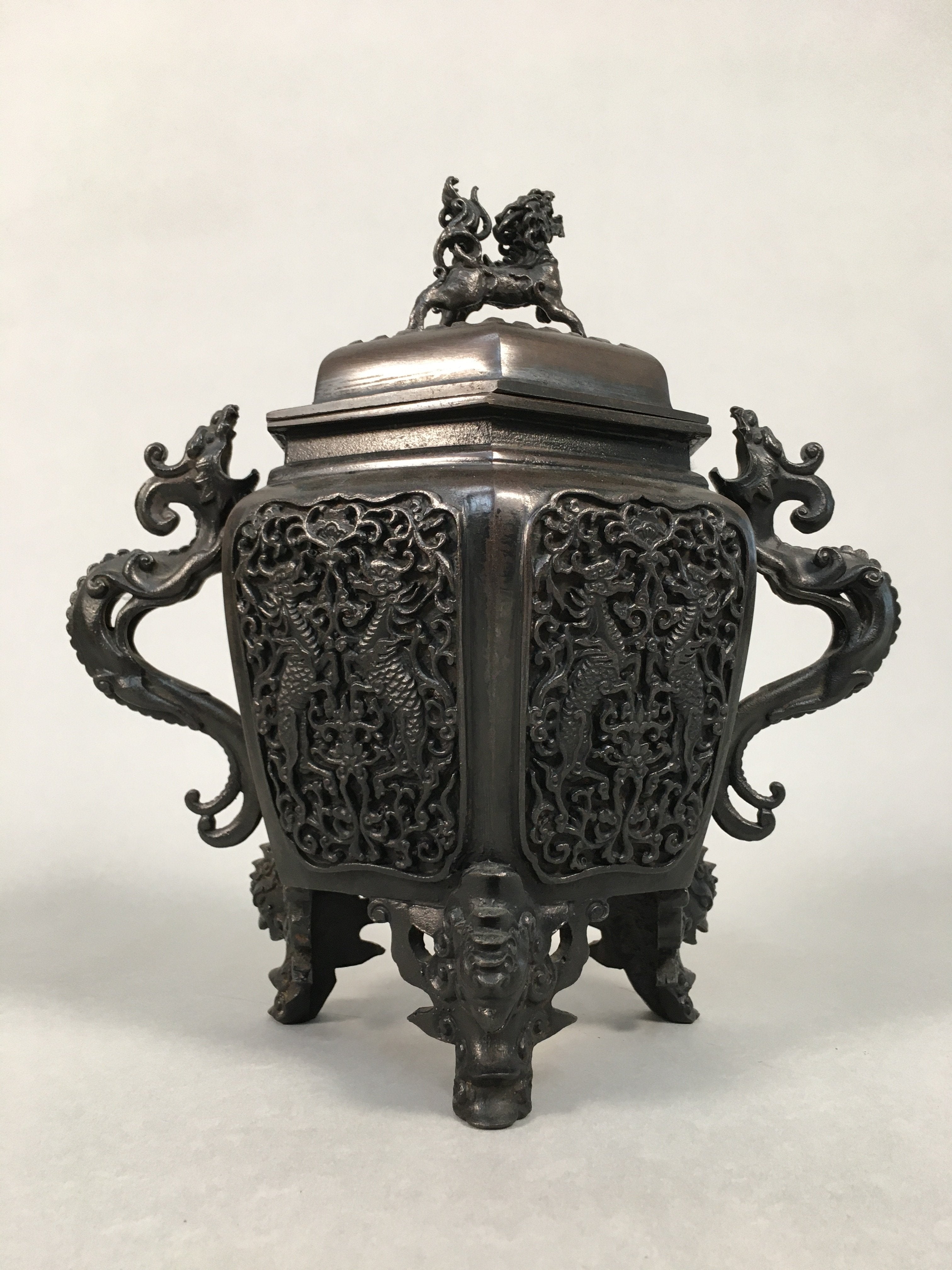 Japanese Buddhist Altar Fitting Bronze Incense Burner Vtg Shishi Dragon Koro BU3