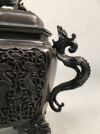 Japanese Buddhist Altar Fitting Bronze Incense Burner Vtg Shishi Dragon Koro BU3