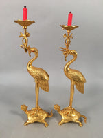 Japanese Buddhist Altar Fitting Candle Stand Brass Crane Shokudai BU361