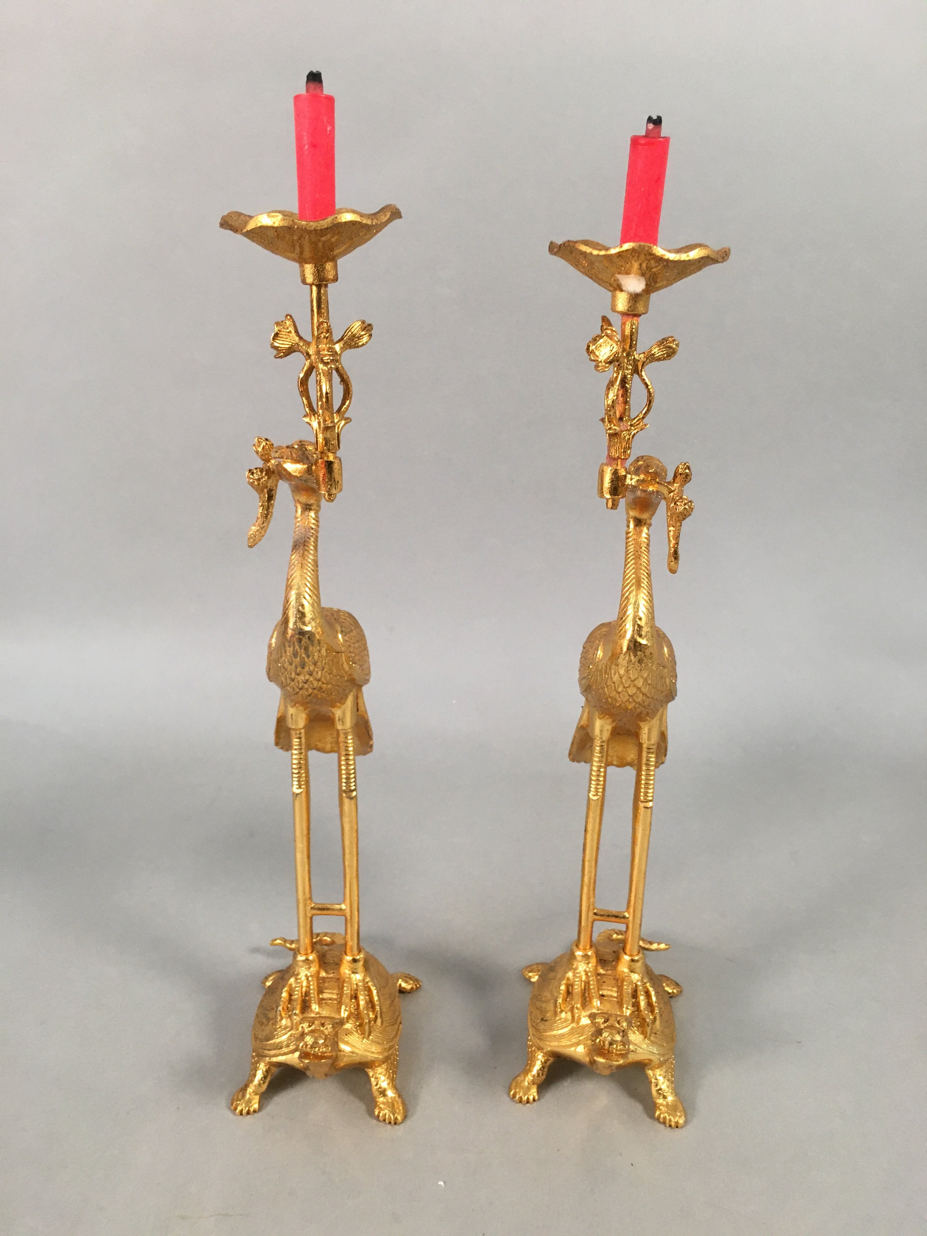 Japanese Buddhist Altar Fitting Candle Stand Brass Crane Shokudai BU361