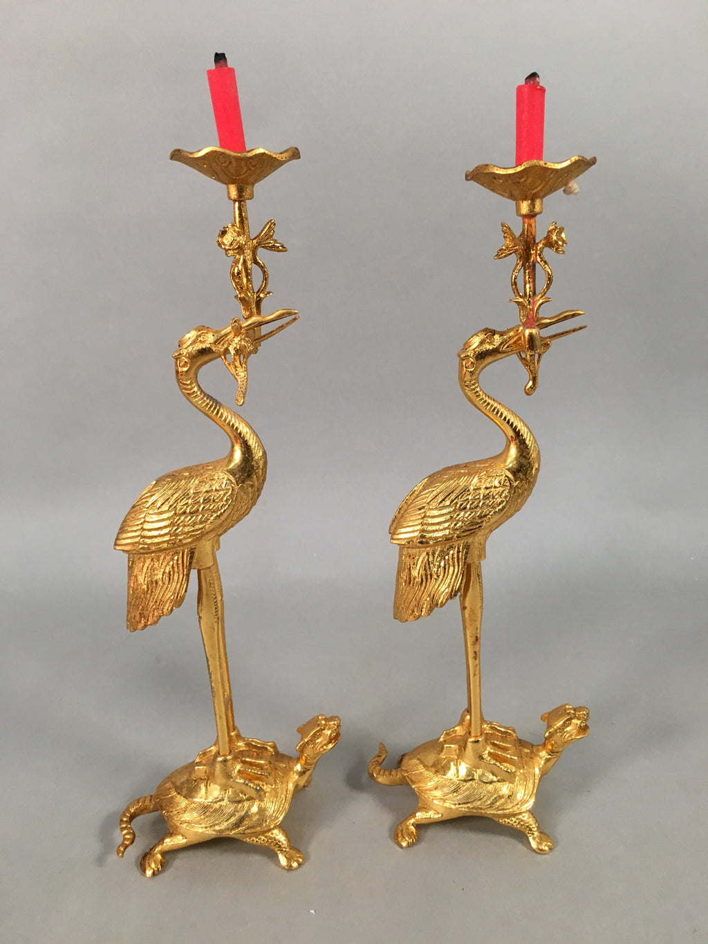 Japanese Buddhist Altar Fitting Candle Stand Brass Crane Shokudai BU361