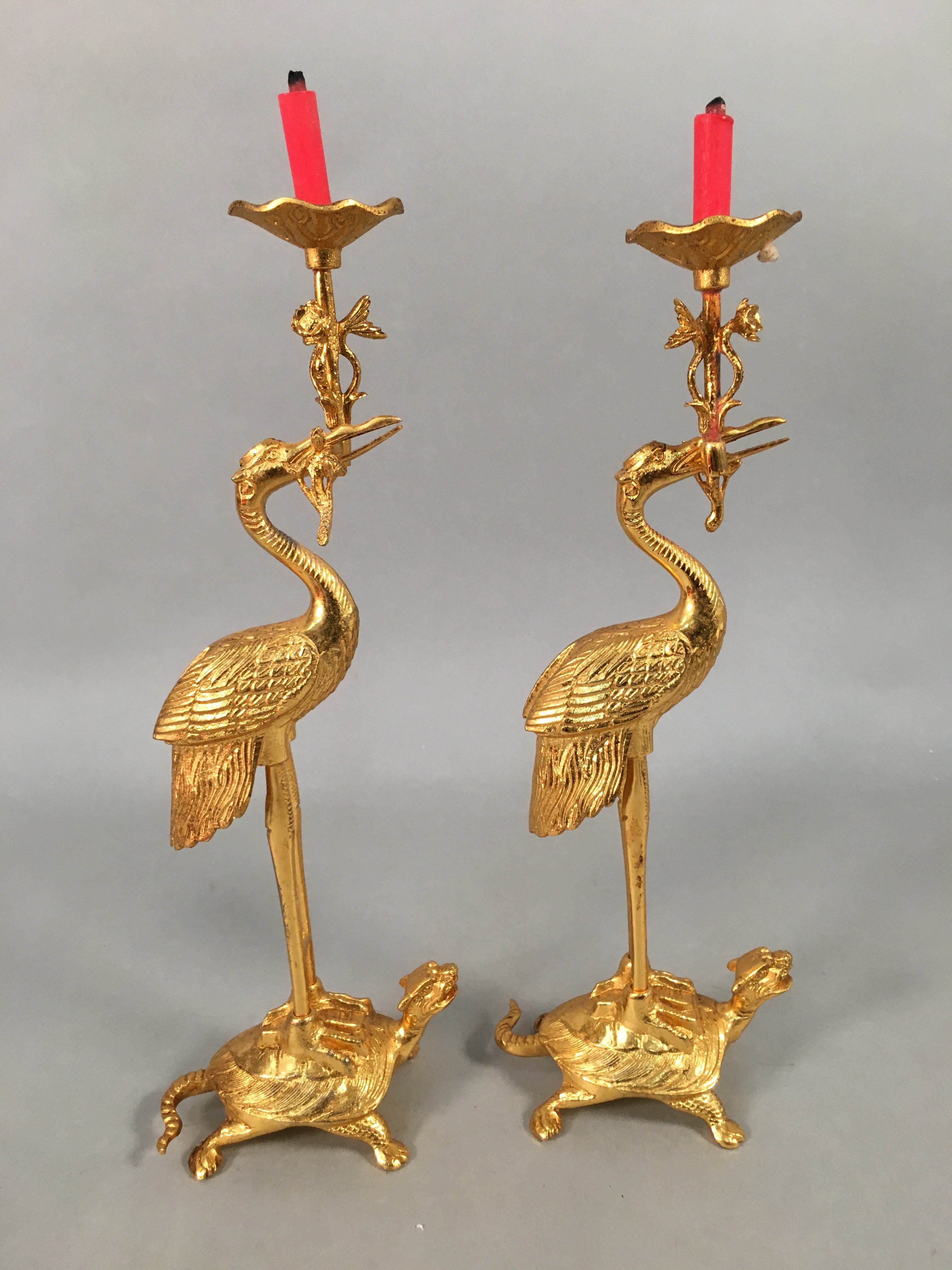 Japanese Buddhist Altar Fitting Candle Stand Brass Crane Shokudai BU361