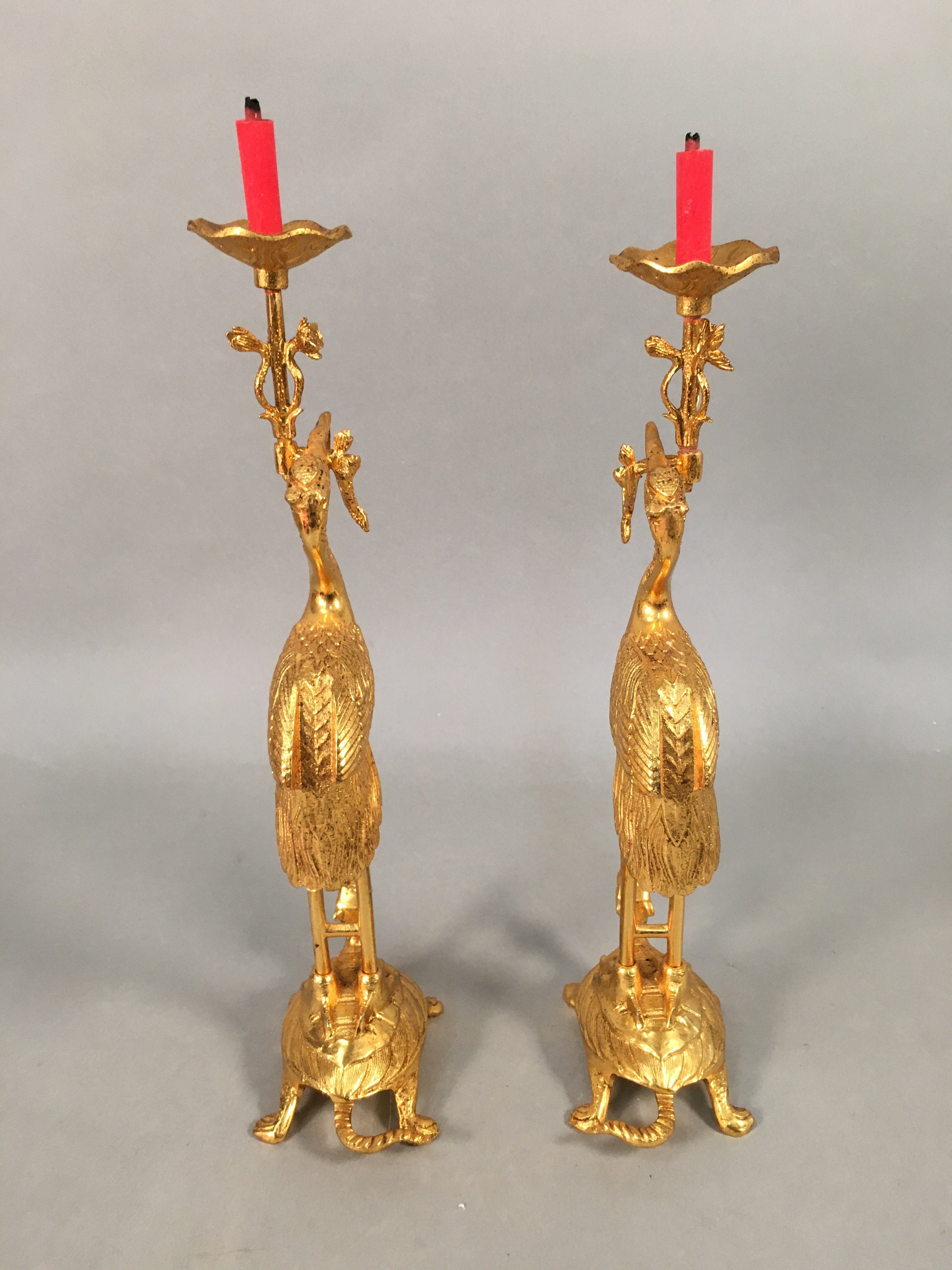Japanese Buddhist Altar Fitting Candle Stand Brass Crane Shokudai BU361