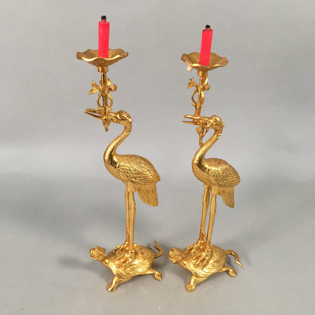 Japanese Buddhist Altar Fitting Candle Stand Brass Crane Shokudai BU361