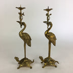 Japanese Buddhist Altar Fitting Candle Stand Brass Crane Shokudai Butsudan BU499