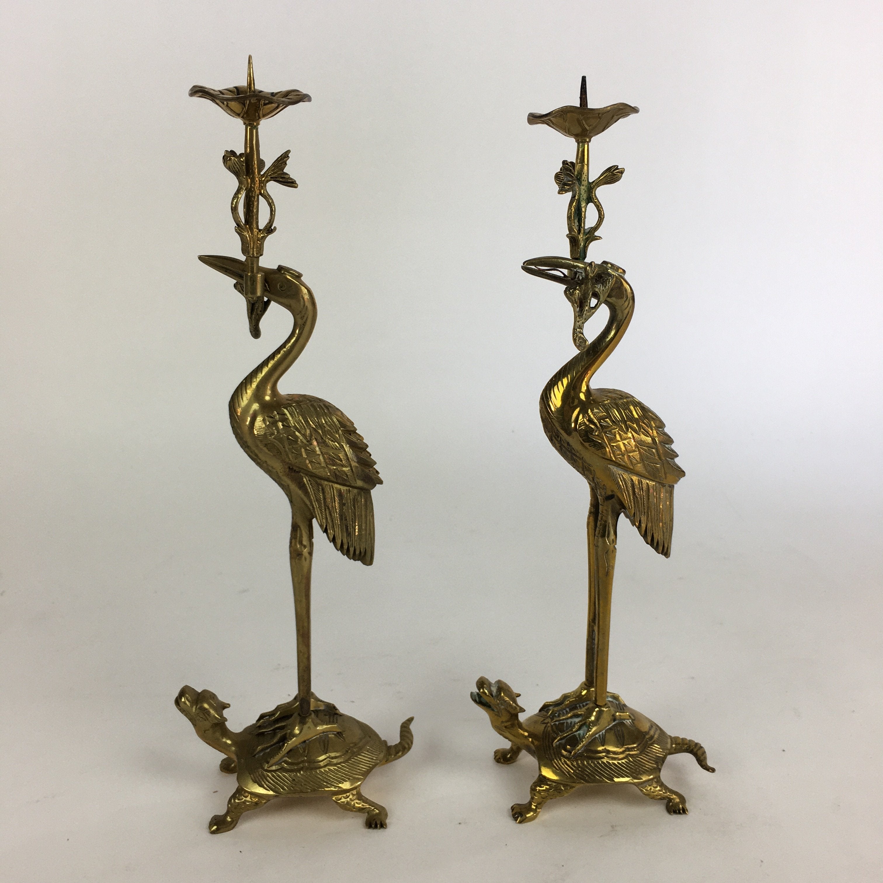 Japanese Buddhist Altar Fitting Candle Stand Brass Crane Shokudai Butsudan BU499