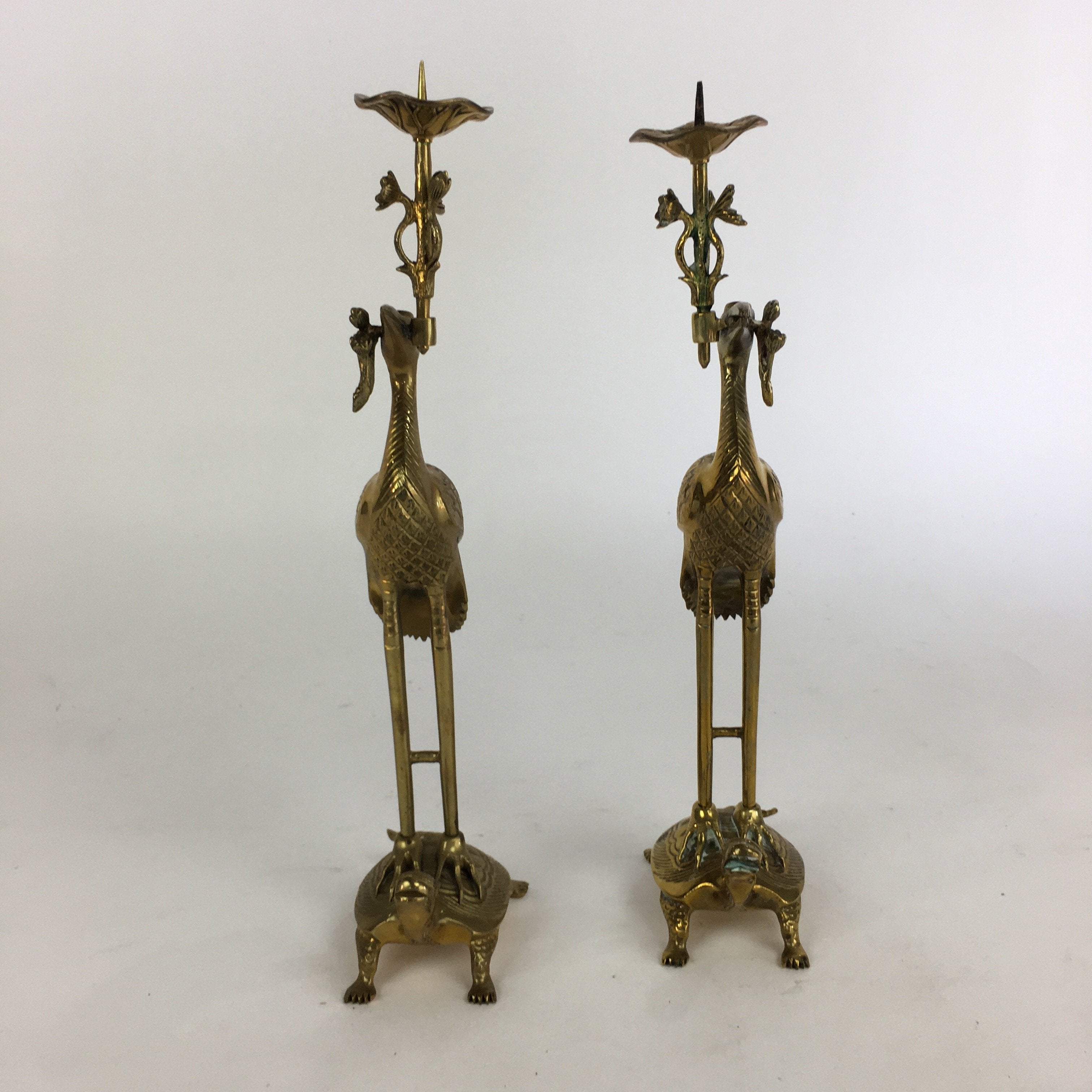 Japanese Buddhist Altar Fitting Candle Stand Brass Crane Shokudai Butsudan BU499