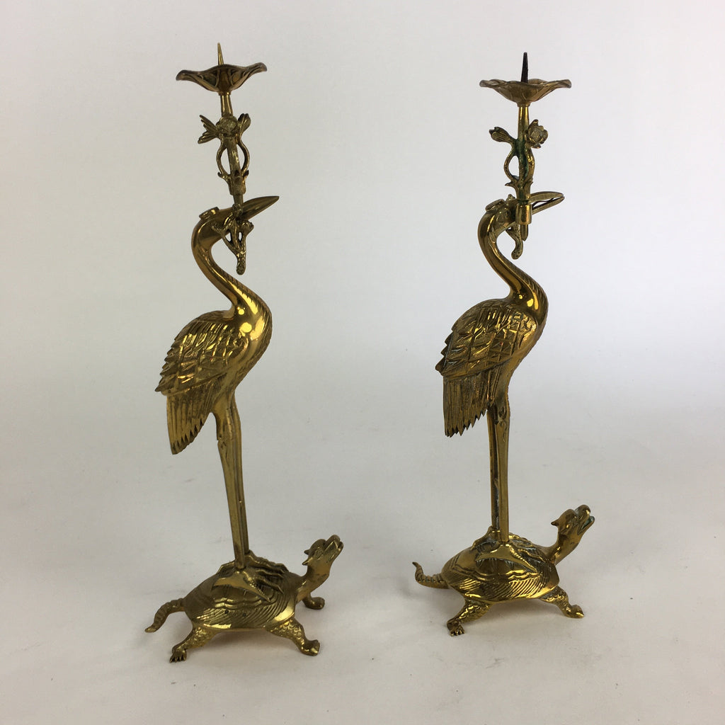 Japanese Buddhist Altar Fitting Candle Stand Brass Crane Shokudai Butsudan BU499
