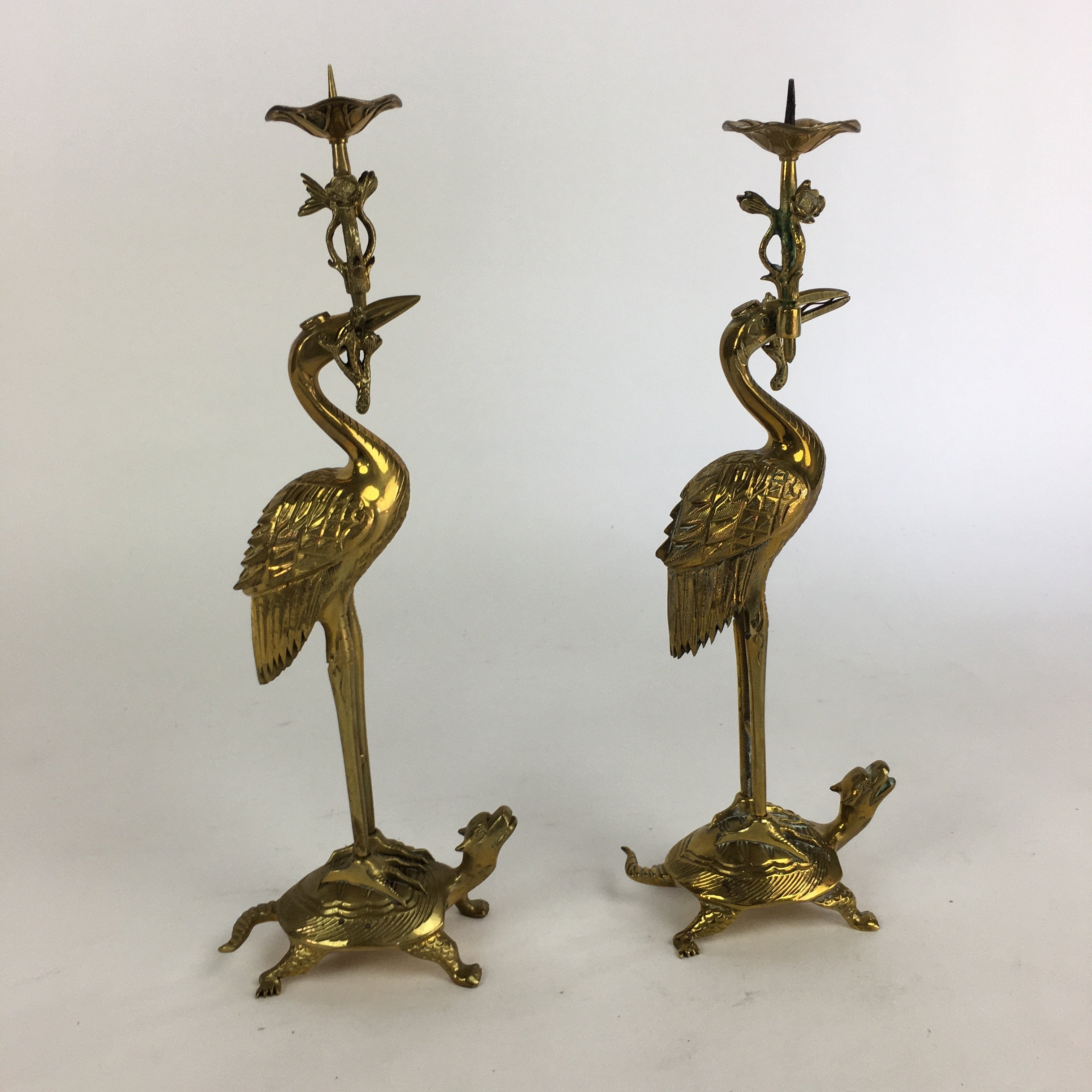 Japanese Buddhist Altar Fitting Candle Stand Brass Crane Shokudai Butsudan BU499