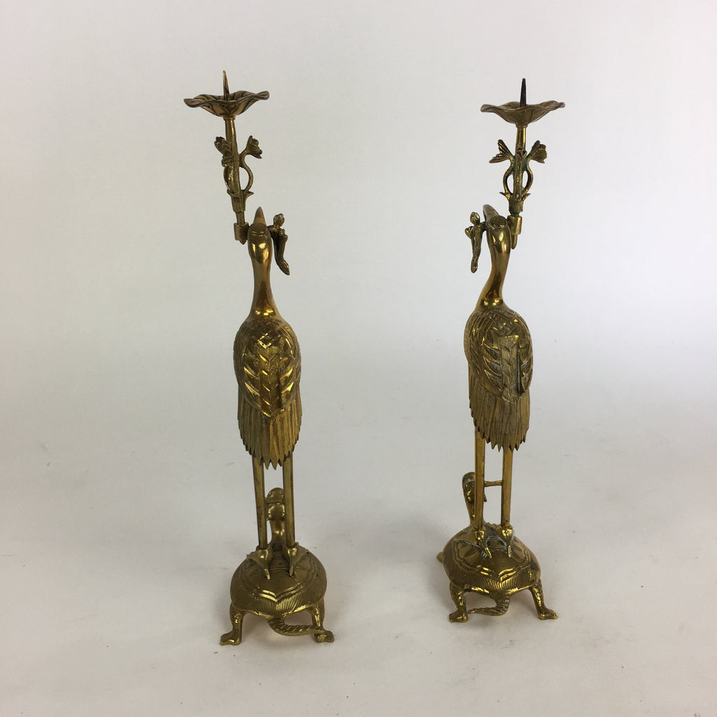 Japanese Buddhist Altar Fitting Candle Stand Brass Crane Shokudai Butsudan BU499