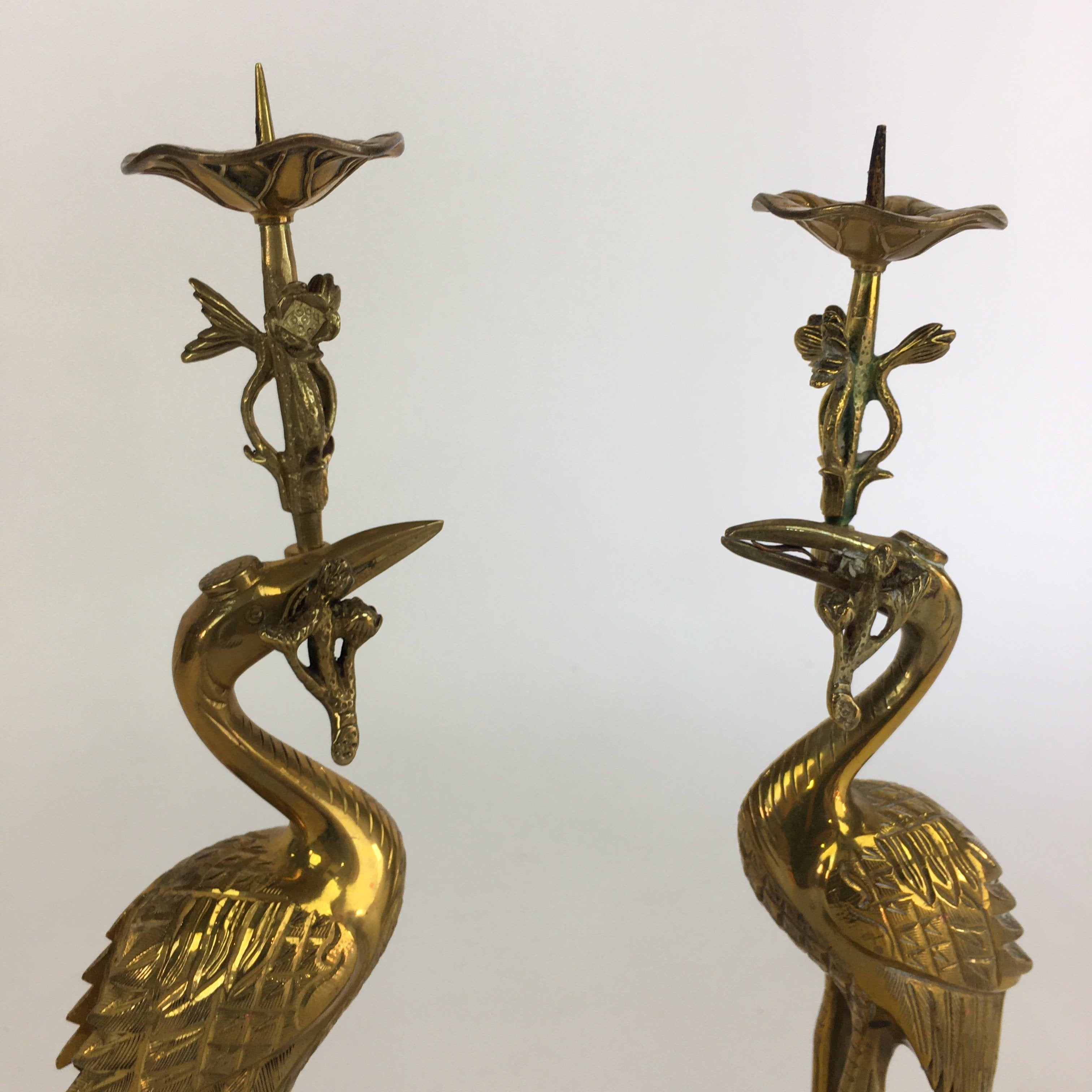 Japanese Buddhist Altar Fitting Candle Stand Brass Crane Shokudai Butsudan BU499