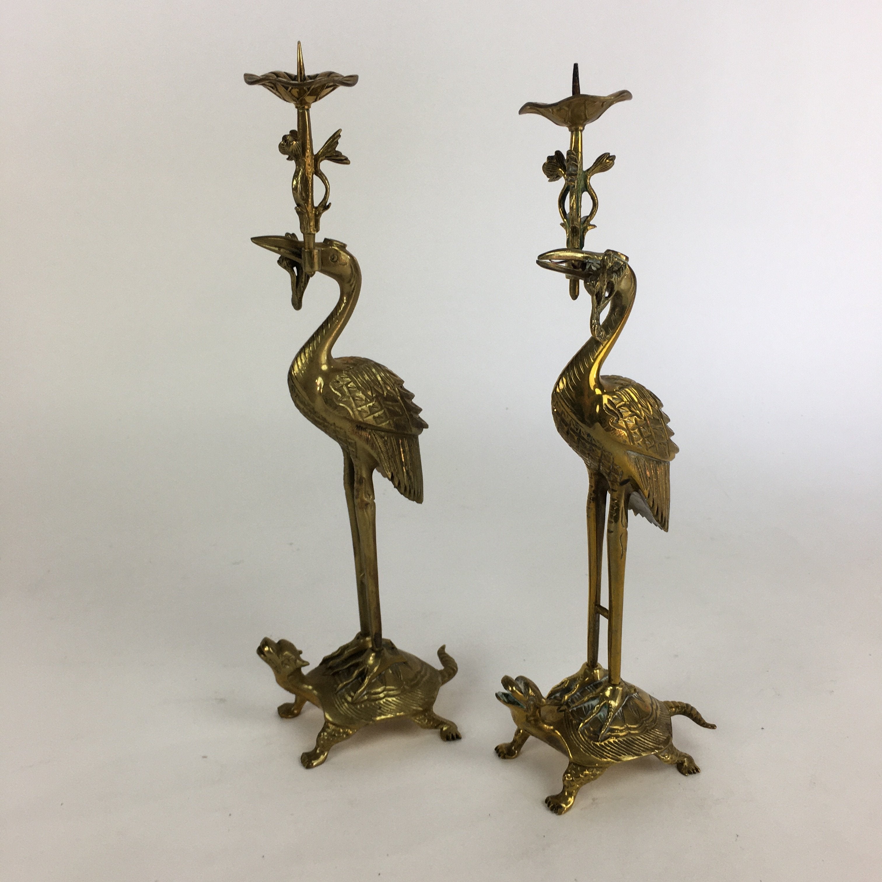 Japanese Buddhist Altar Fitting Candle Stand Brass Crane Shokudai Butsudan BU499