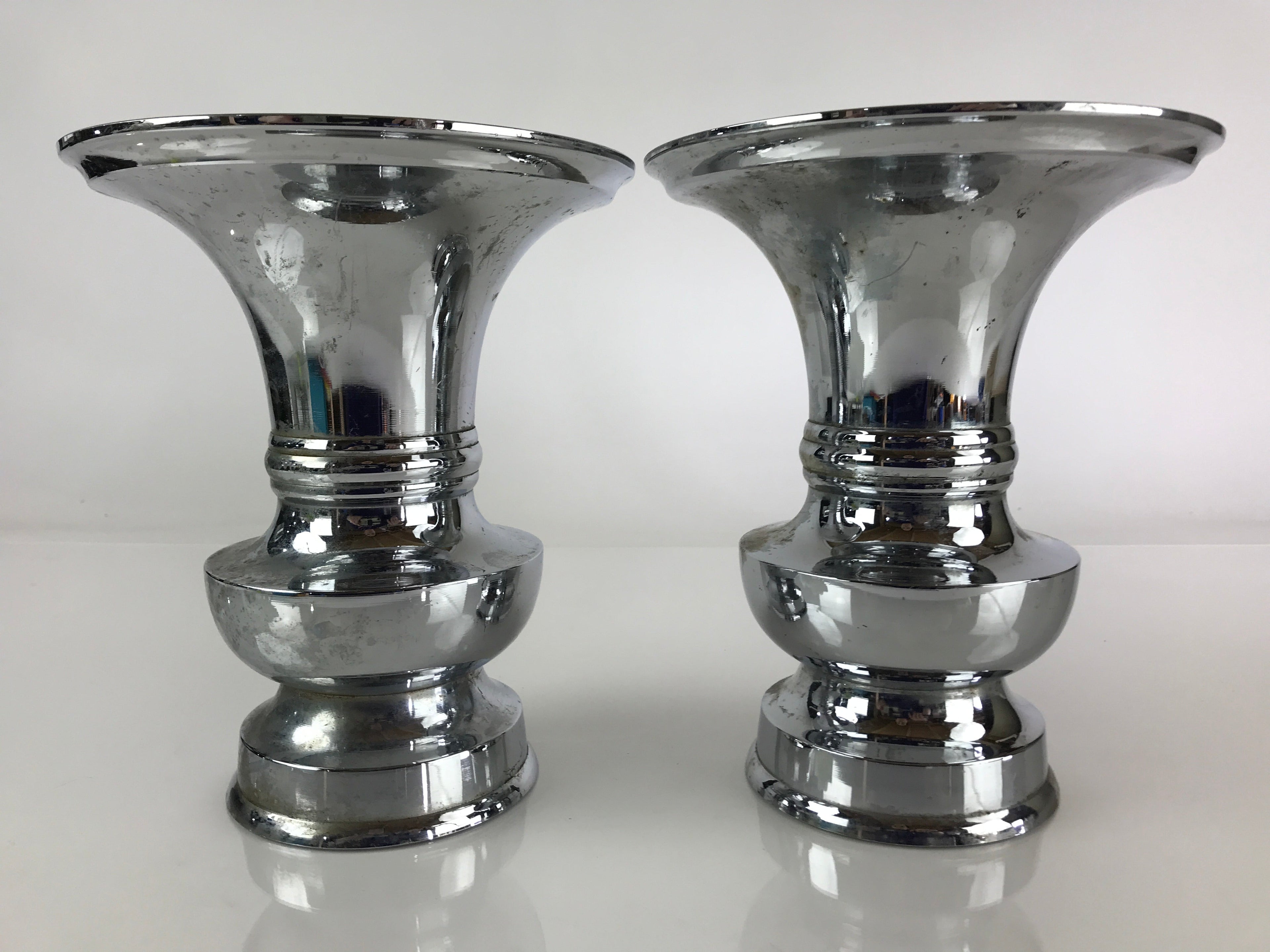 Japanese Buddhist Altar Fitting Flower Vase Stand Pair Vtg Silver BU770