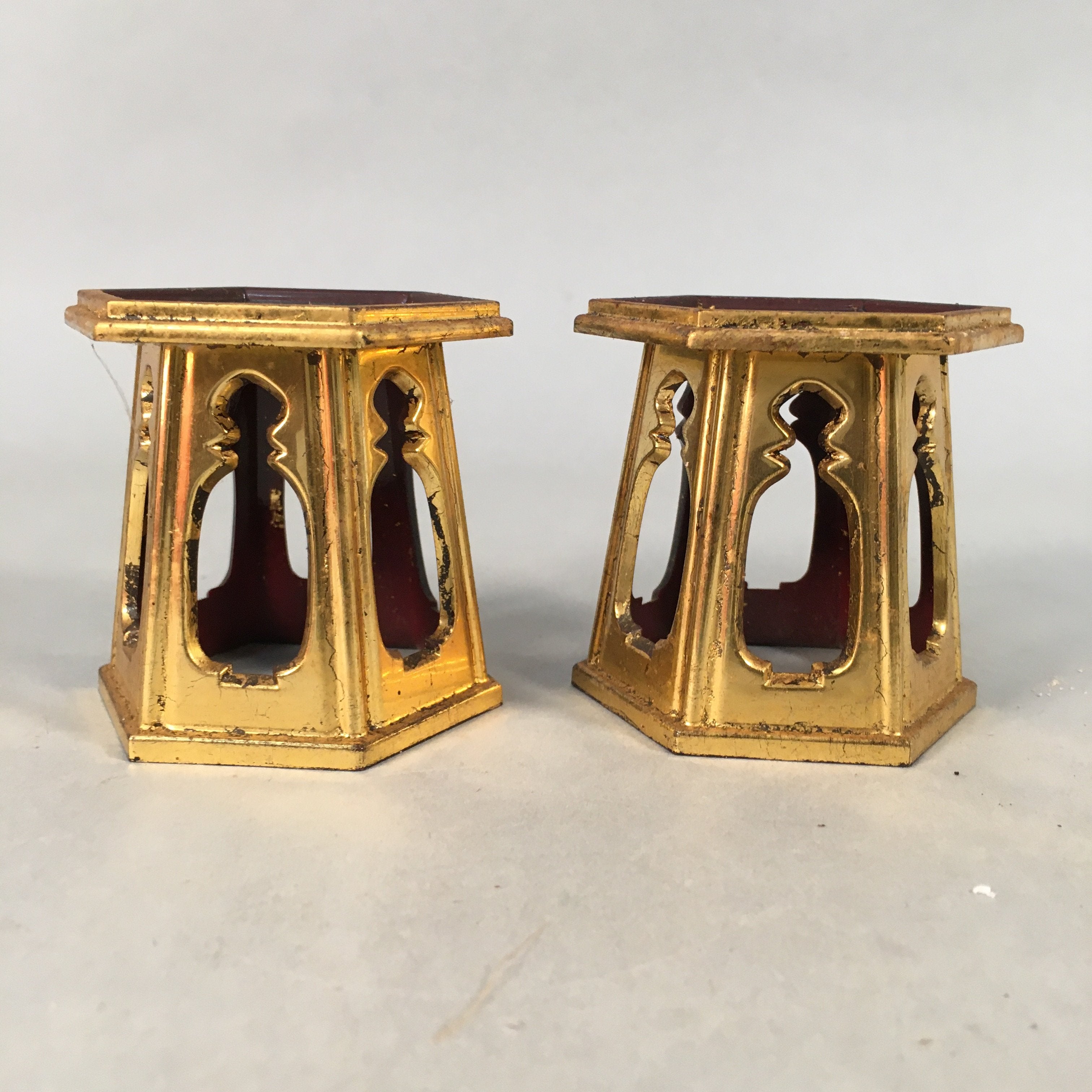 Japanese Buddhist Altar Fitting Gold Offering Stand Vtg Hexagon BU363