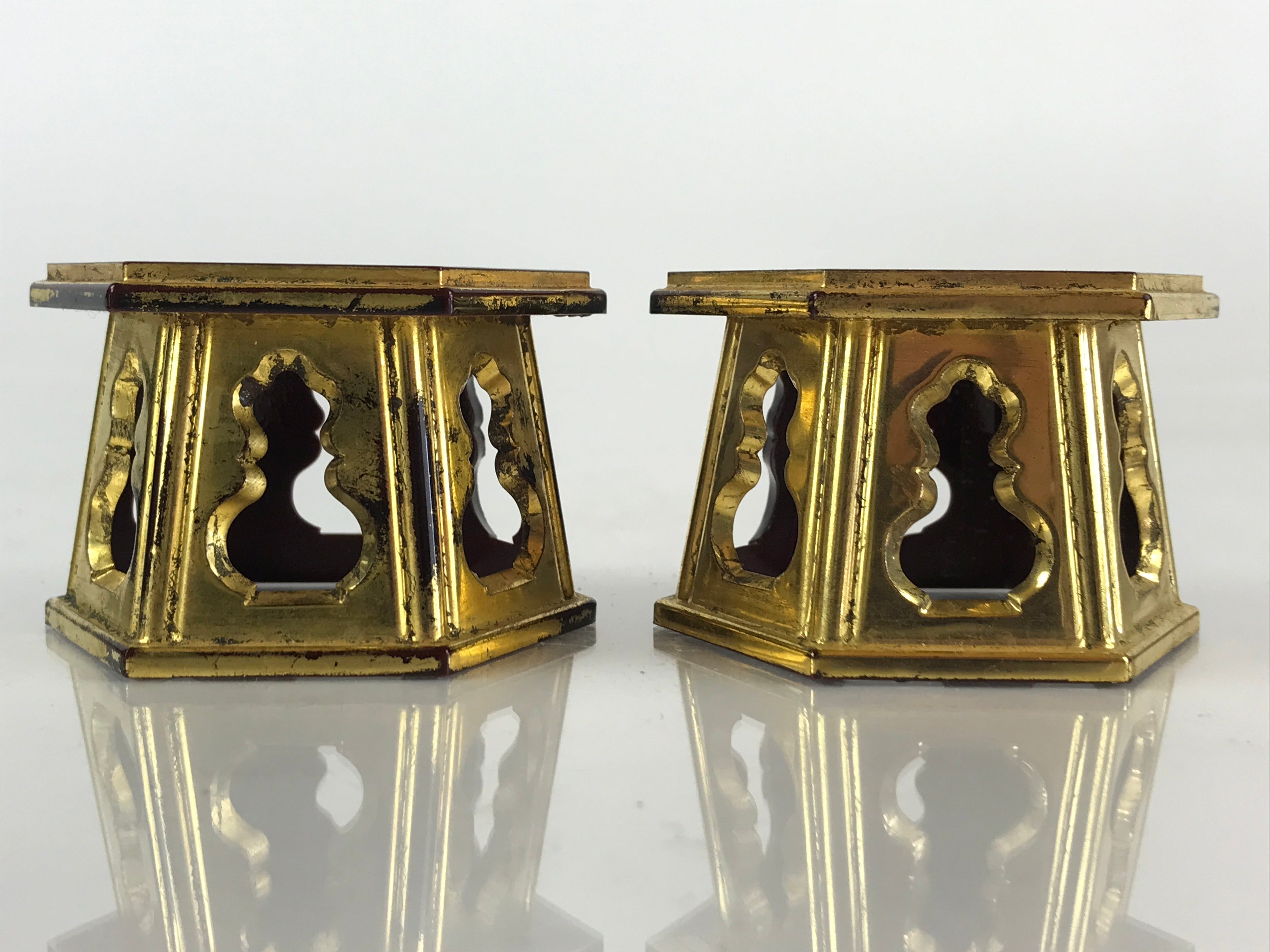 Japanese Buddhist Altar Fitting Offering Cup Stand 2pc Set Vtg Hexagon BU775