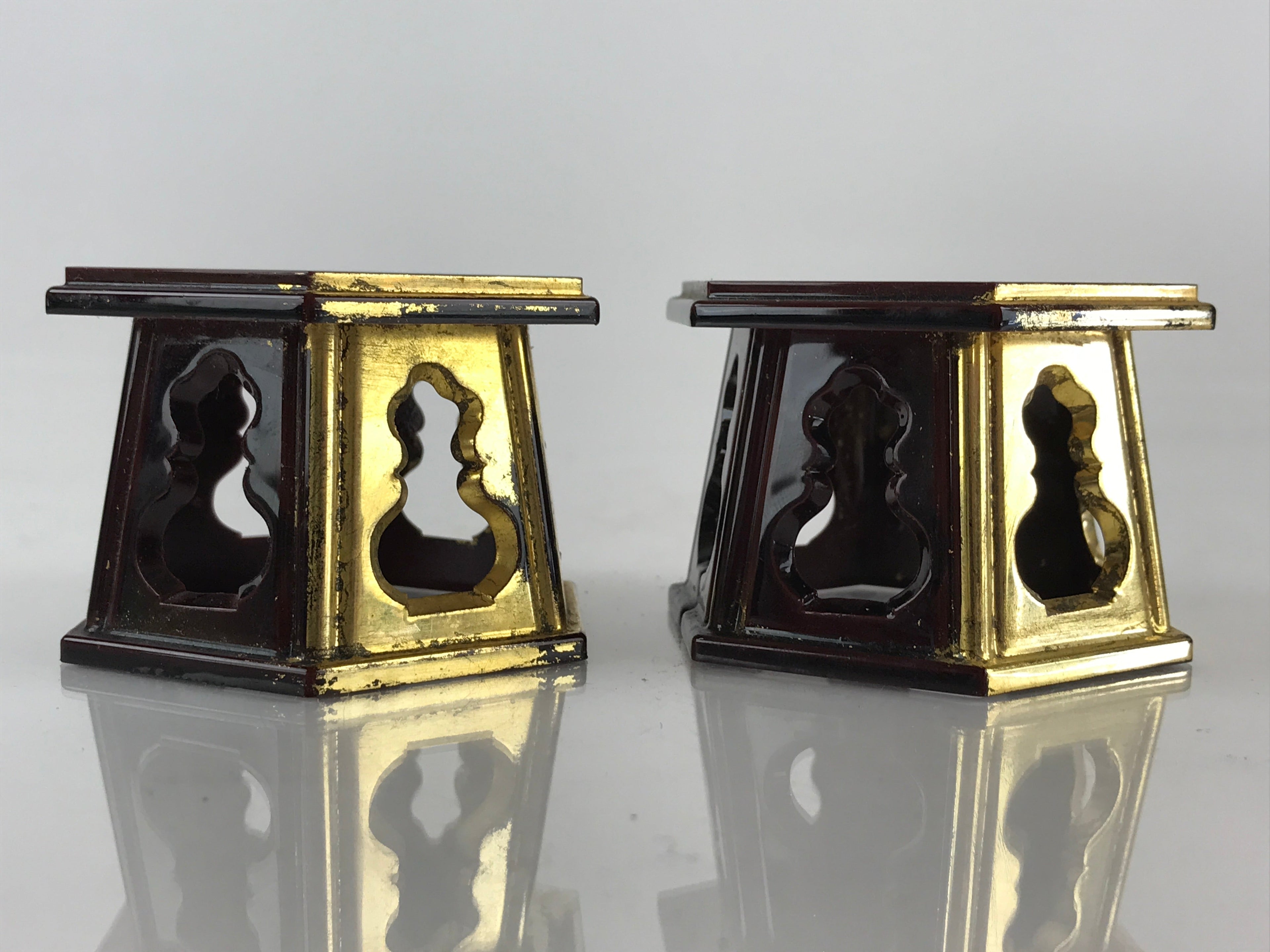 Japanese Buddhist Altar Fitting Offering Cup Stand 2pc Set Vtg Hexagon BU775