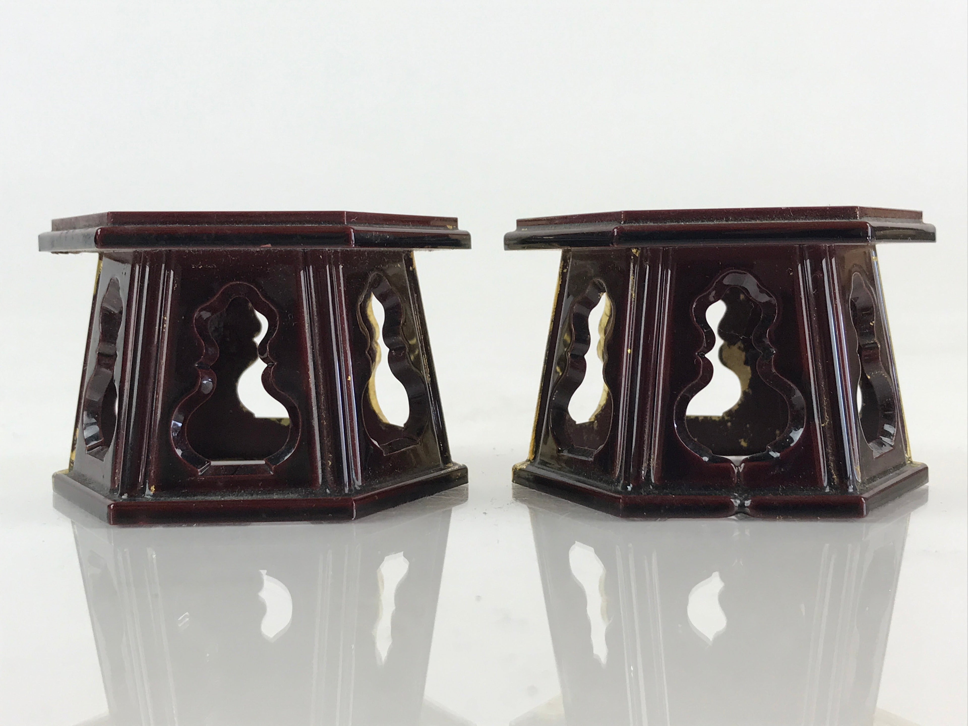 Japanese Buddhist Altar Fitting Offering Cup Stand 2pc Set Vtg Hexagon BU775